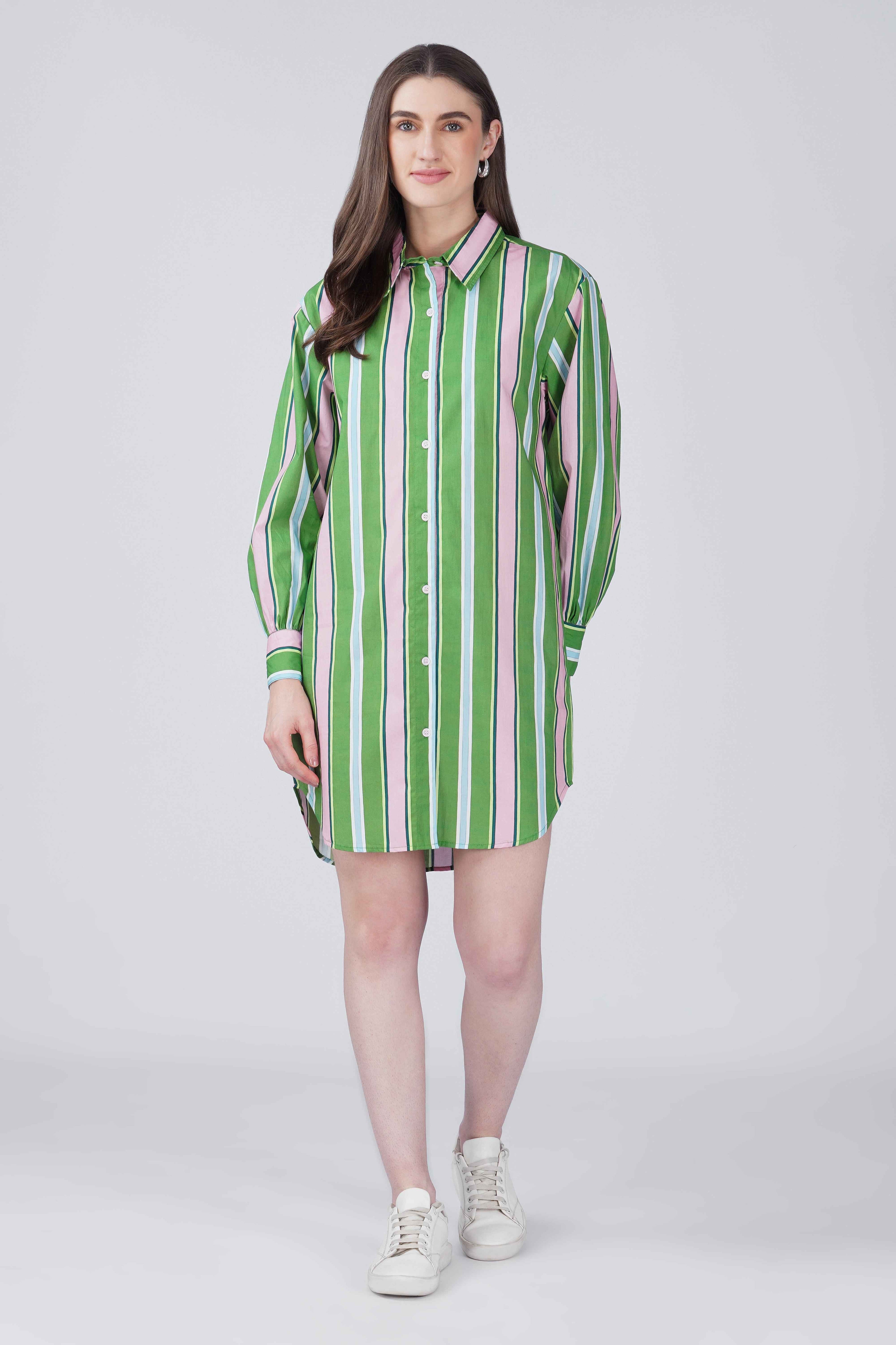 Green & Pink Striper Shirt Dress