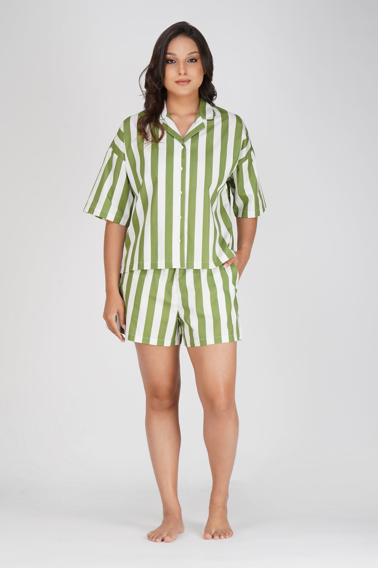 Green Enigmatic Stripes Short Set