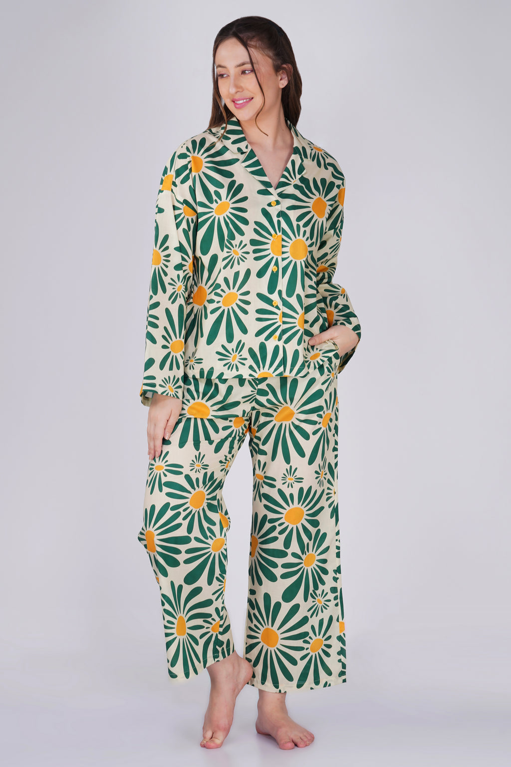 Green Sunlit Flora Pyjama set - thebriefsstory