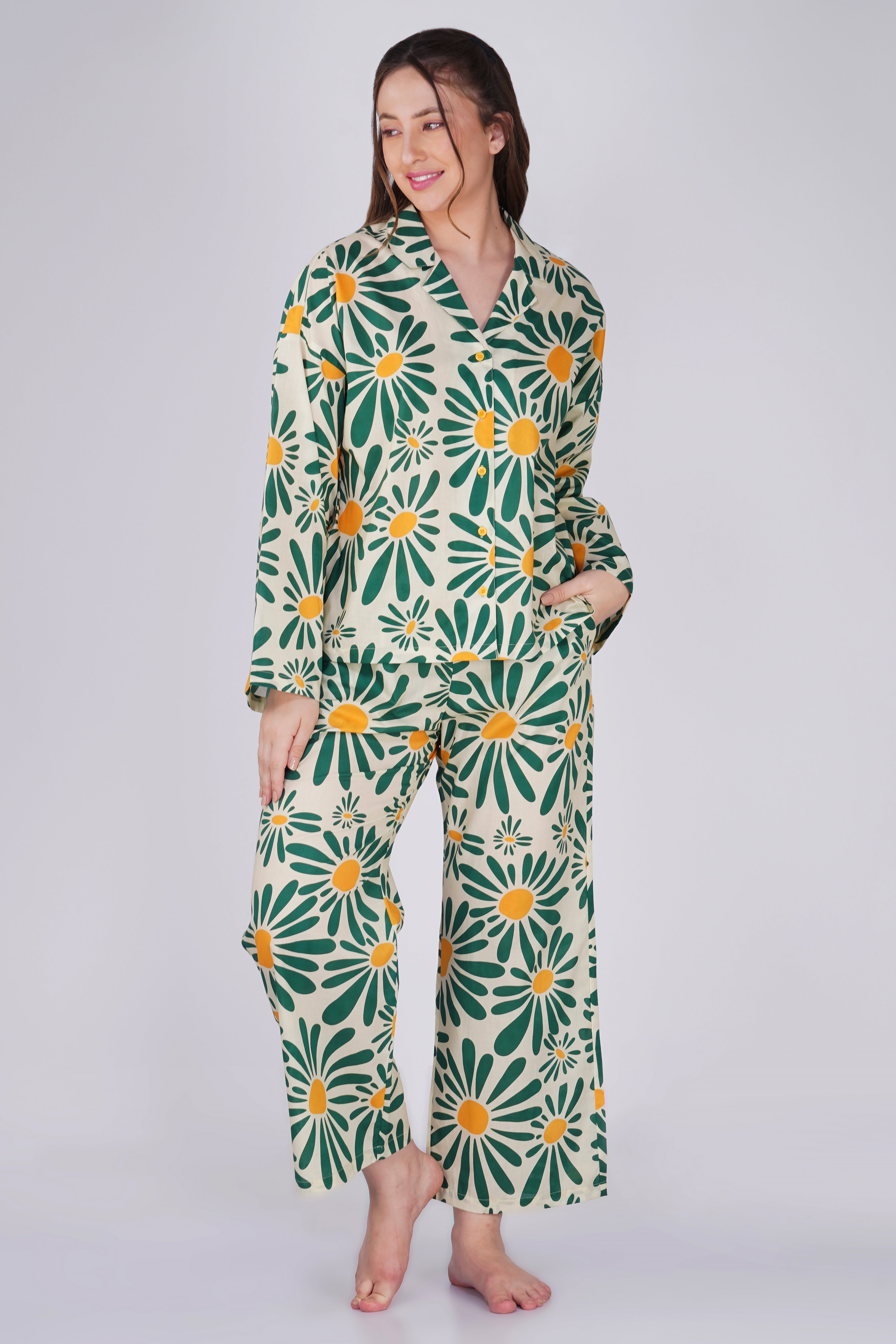 Green Sunlit Flora Pyjama set - thebriefsstory