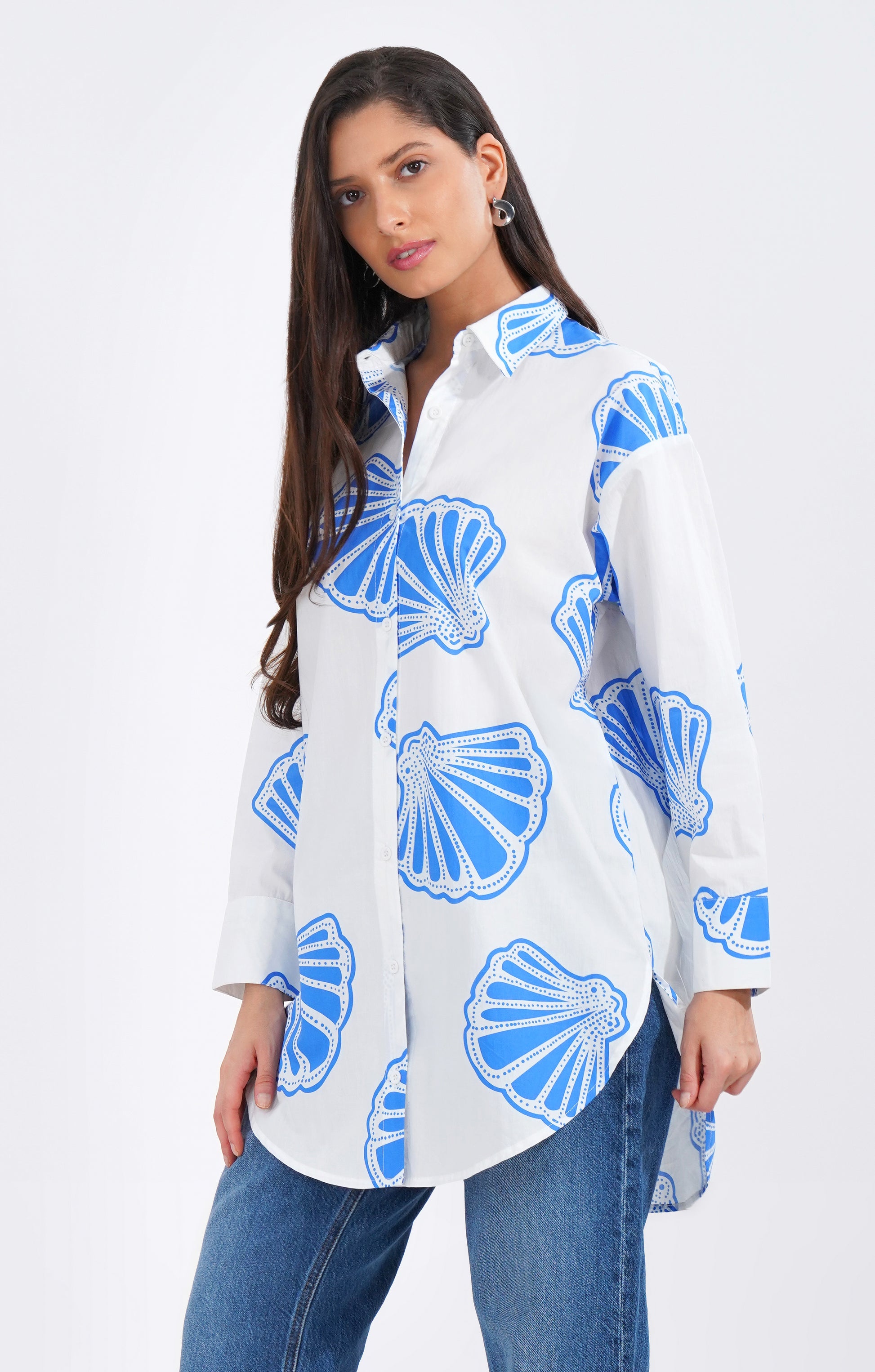 Blue Seashell Longline Cotton Shirt - thebriefsstory