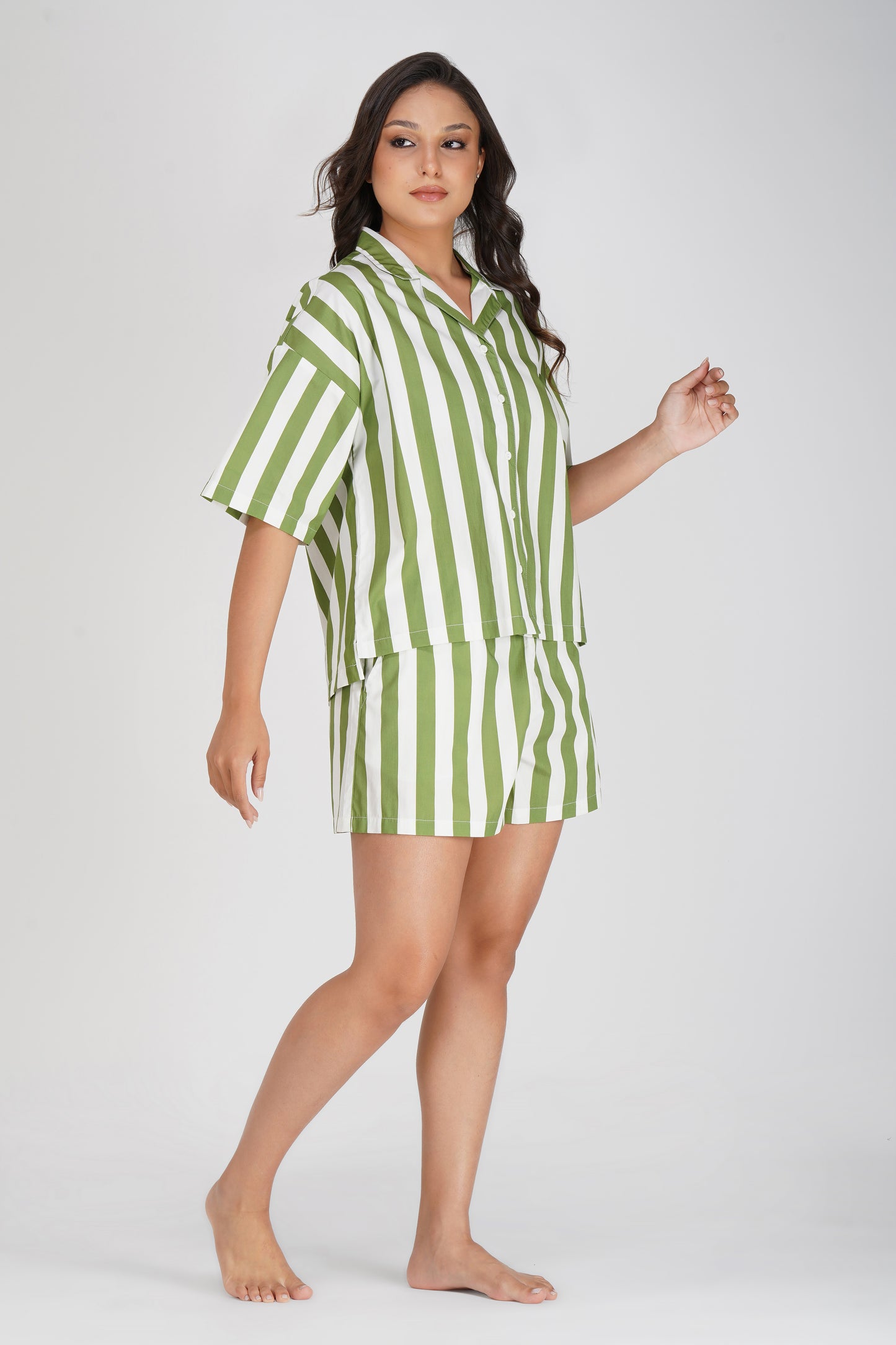 Green Enigmatic Stripes Short Set