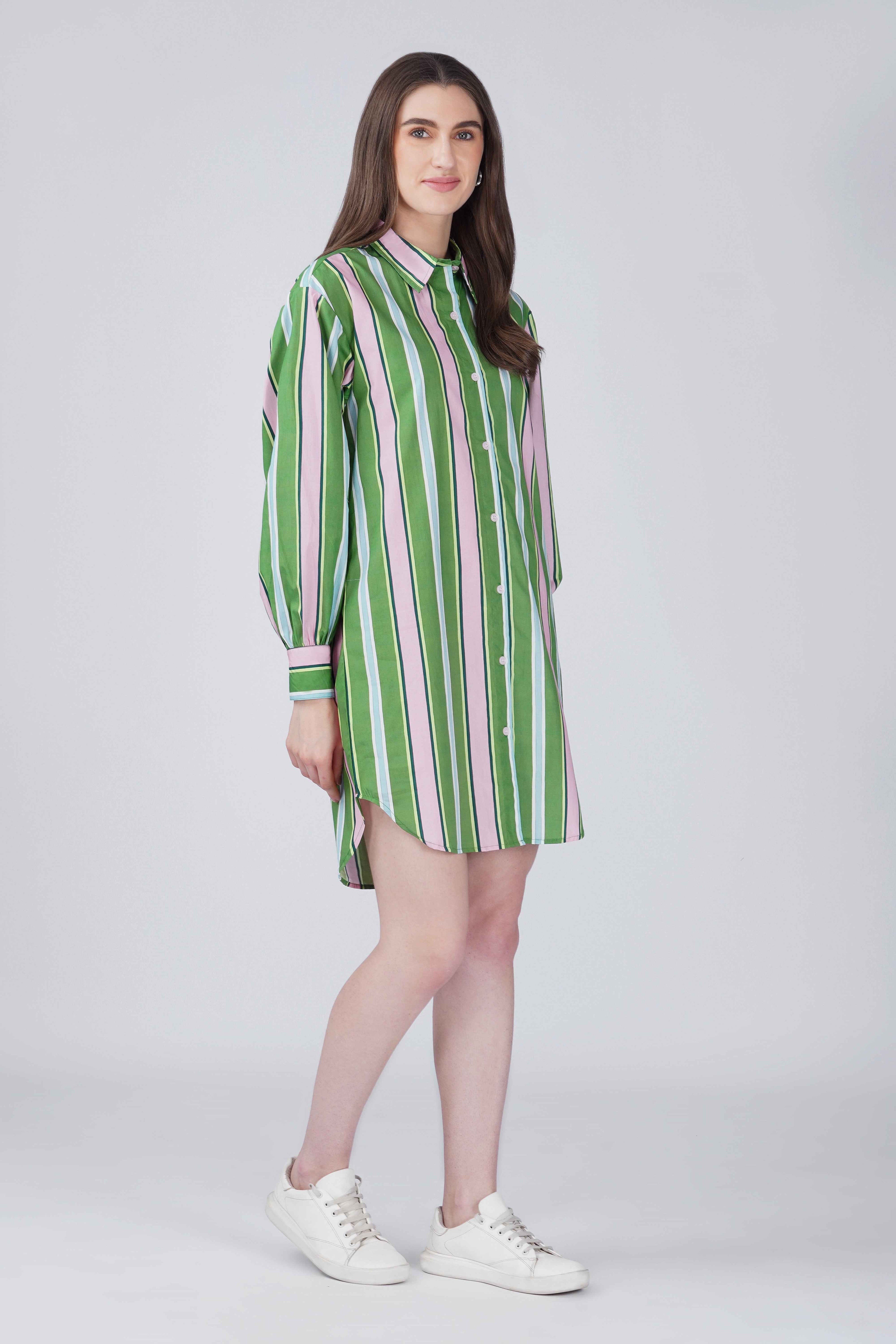 Green & Pink Striper Shirt Dress