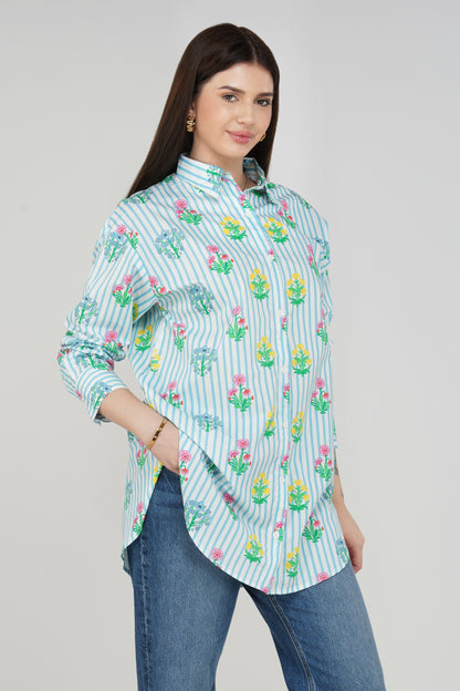 Bloom Stripe Longline Cotton Shirt 🌸 - thebriefsstory