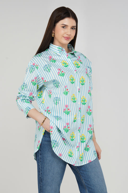 Bloom Stripe Longline Cotton Shirt 🌸 - thebriefsstory