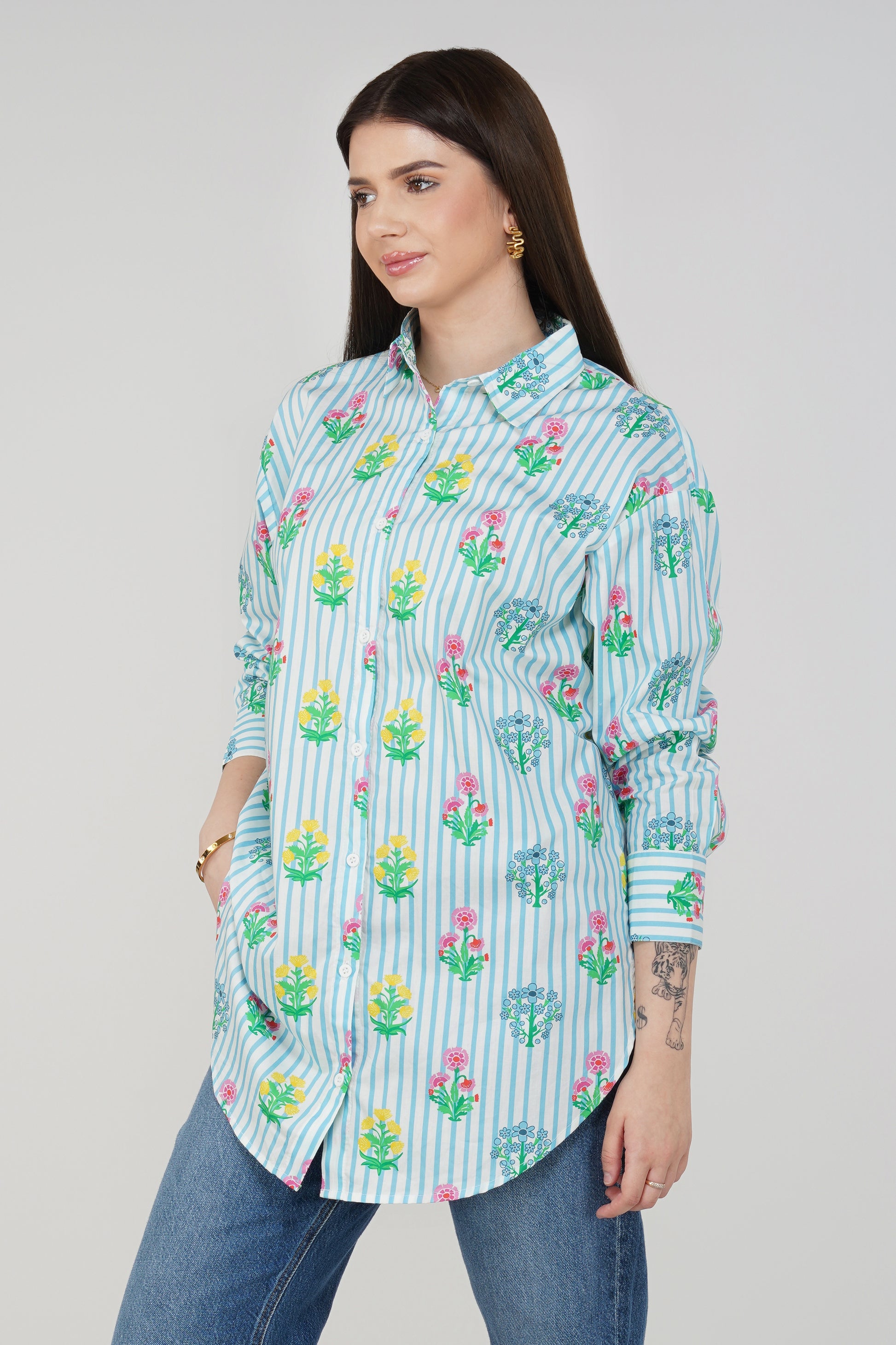 Bloom Stripe Longline Cotton Shirt 🌸 - thebriefsstory