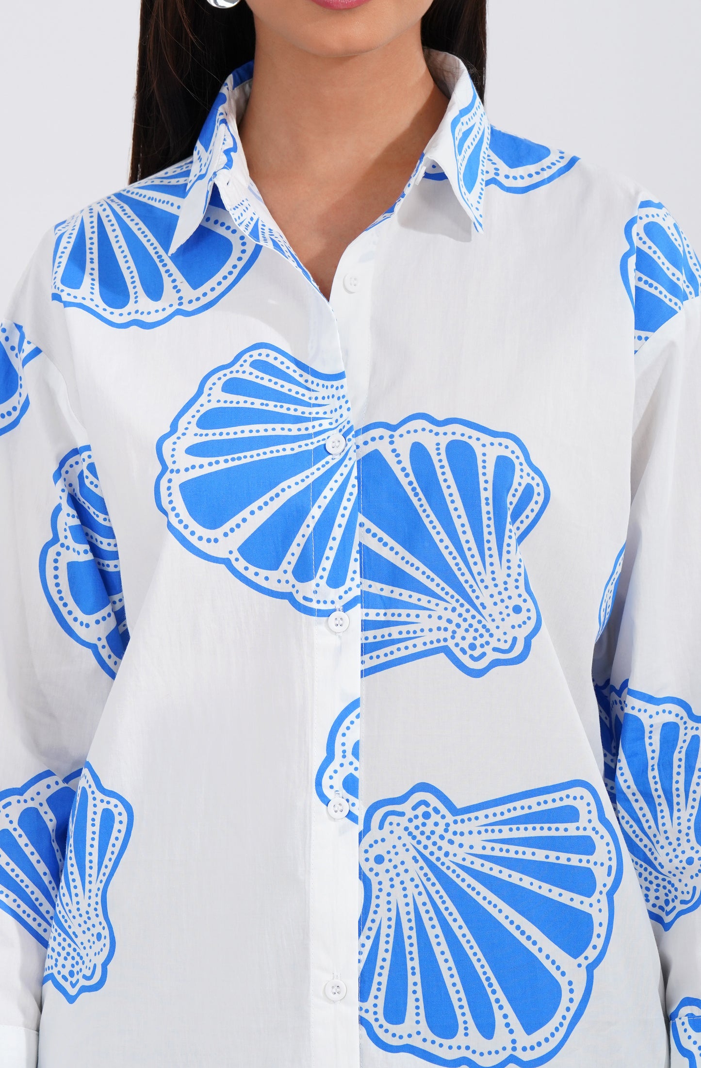 Blue Seashell Longline Cotton Shirt - thebriefsstory