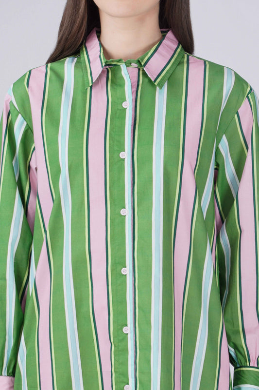 Green & Pink Striper Shirt Dress