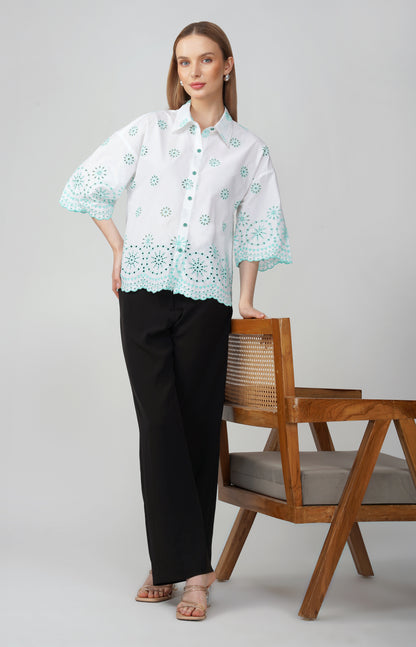 Mint Breeze Embroidered Oversized Shirt - thebriefsstory