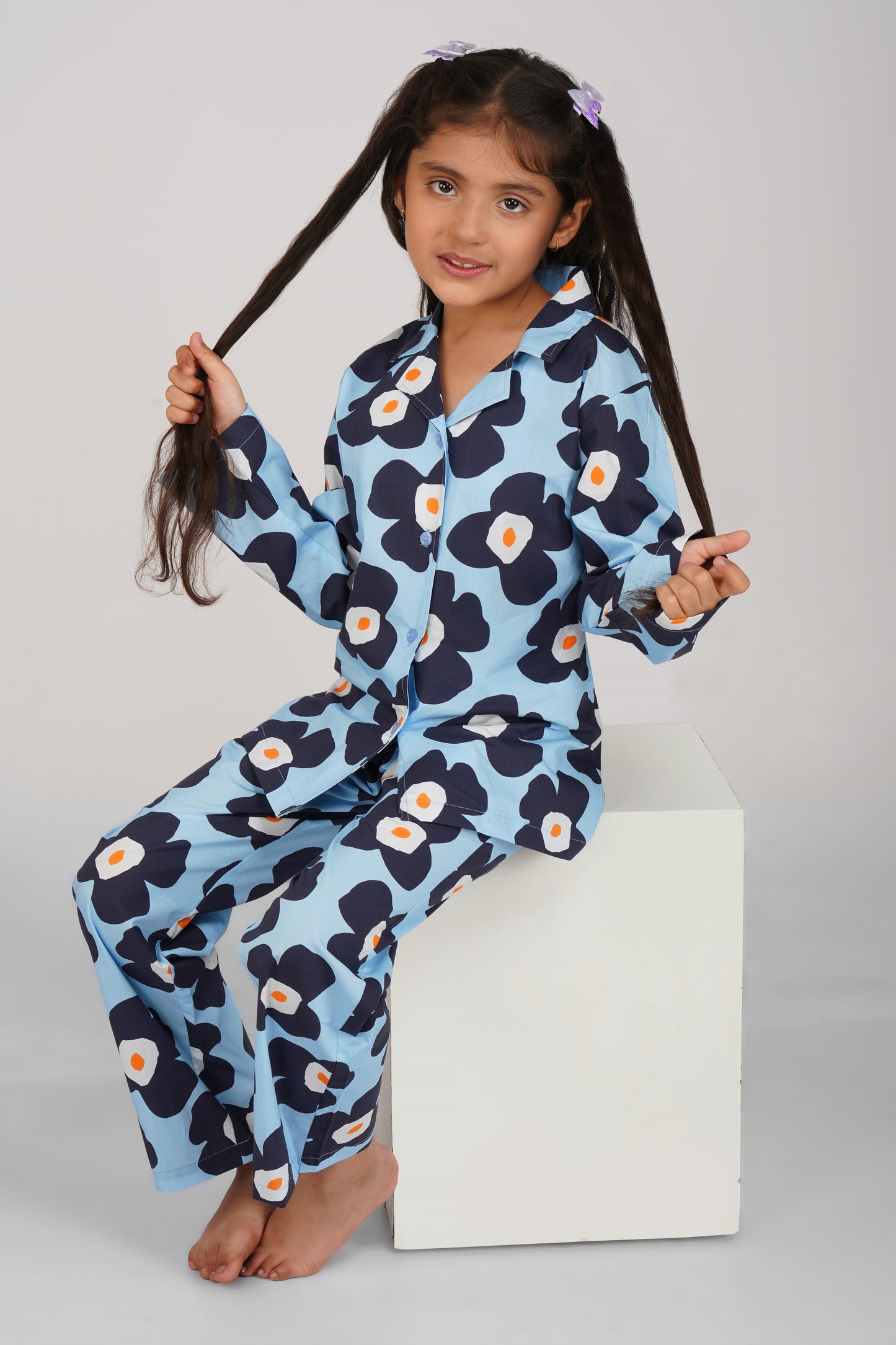 Blue Big Floral Print Cotton Nightsuit