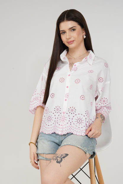 Rosé Embroidered Oversized Shirt - thebriefsstory