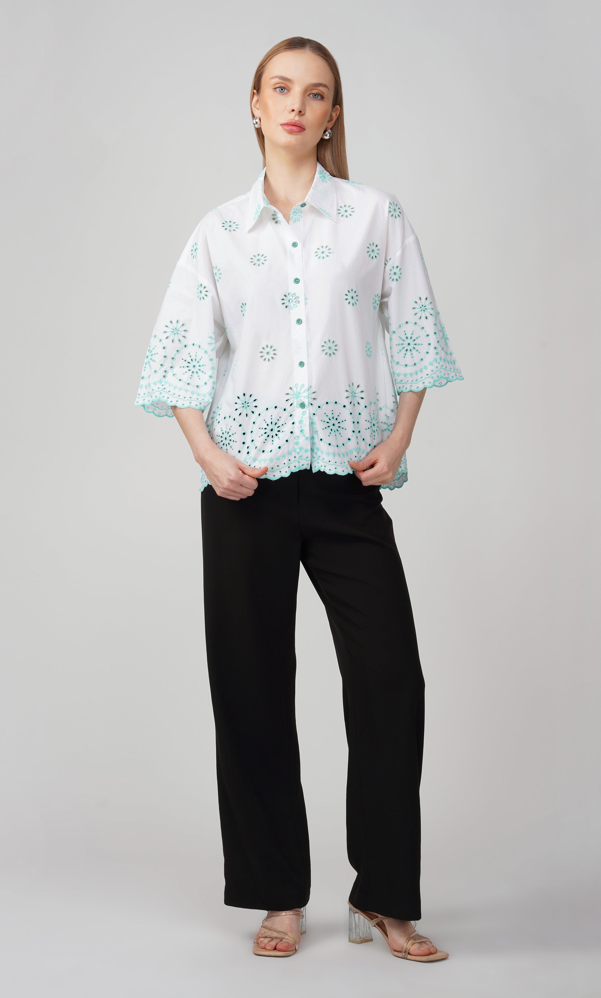 Mint Breeze Embroidered Oversized Shirt - thebriefsstory