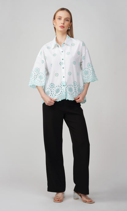 Mint Breeze Embroidered Oversized Shirt - thebriefsstory