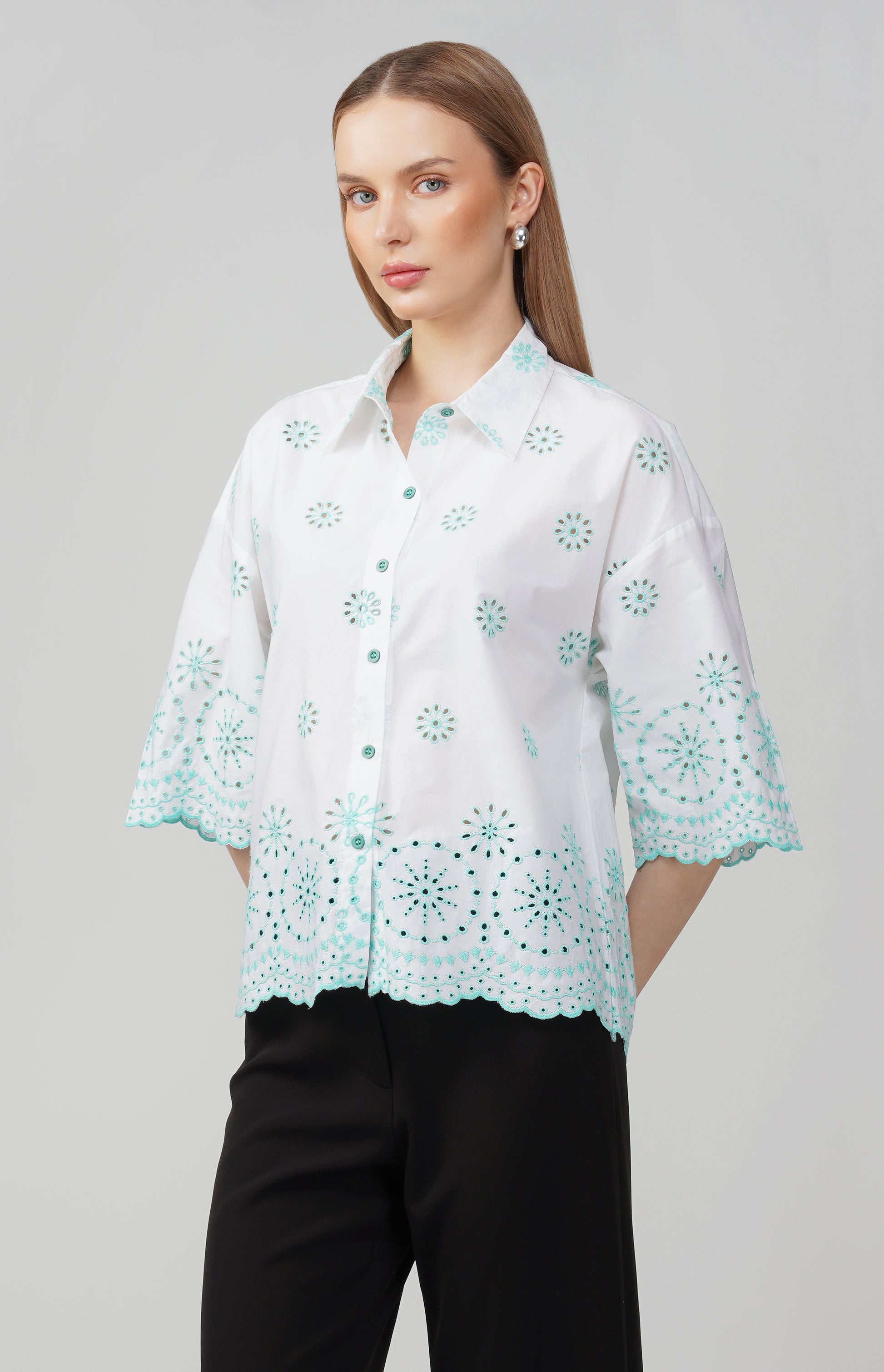 Mint Breeze Embroidered Oversized Shirt - thebriefsstory