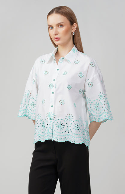 Mint Breeze Embroidered Oversized Shirt - thebriefsstory