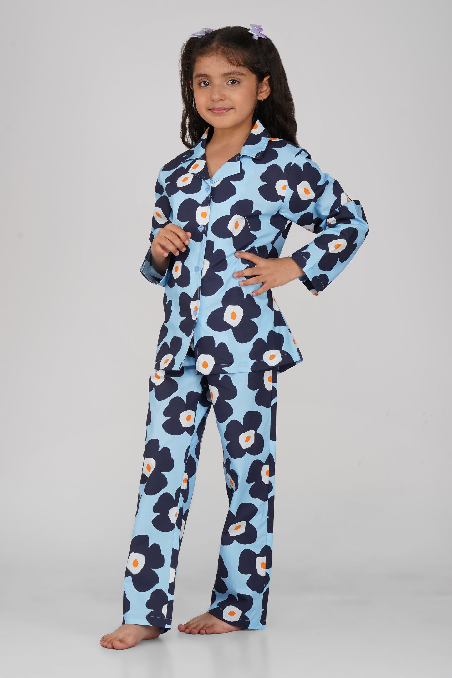 Blue Big Floral Print Cotton Nightsuit