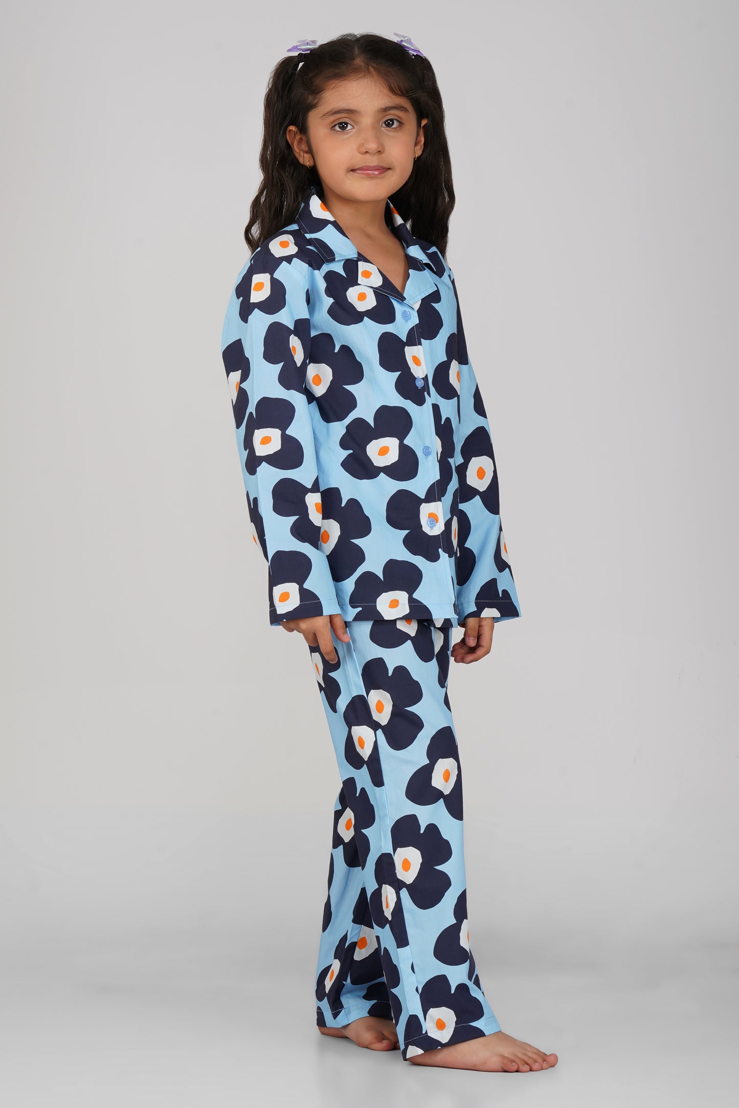 Blue Big Floral Print Cotton Nightsuit