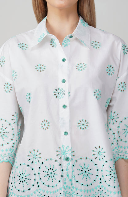 Mint Breeze Embroidered Oversized Shirt - thebriefsstory