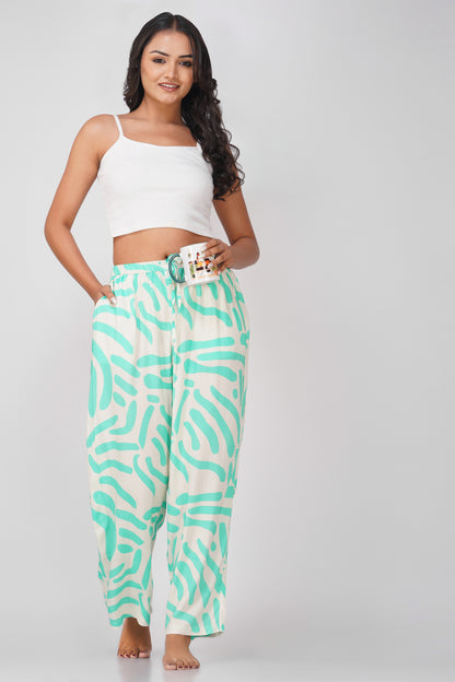 Green / Ecru Abstract Print Viscose Pajamas - thebriefsstory