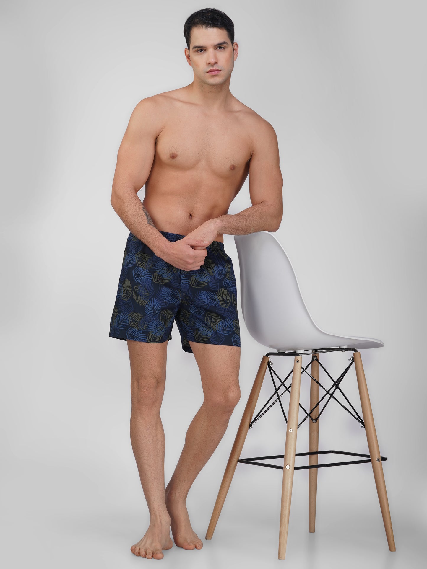 Navy Palm Print Cotton Boxer Shorts