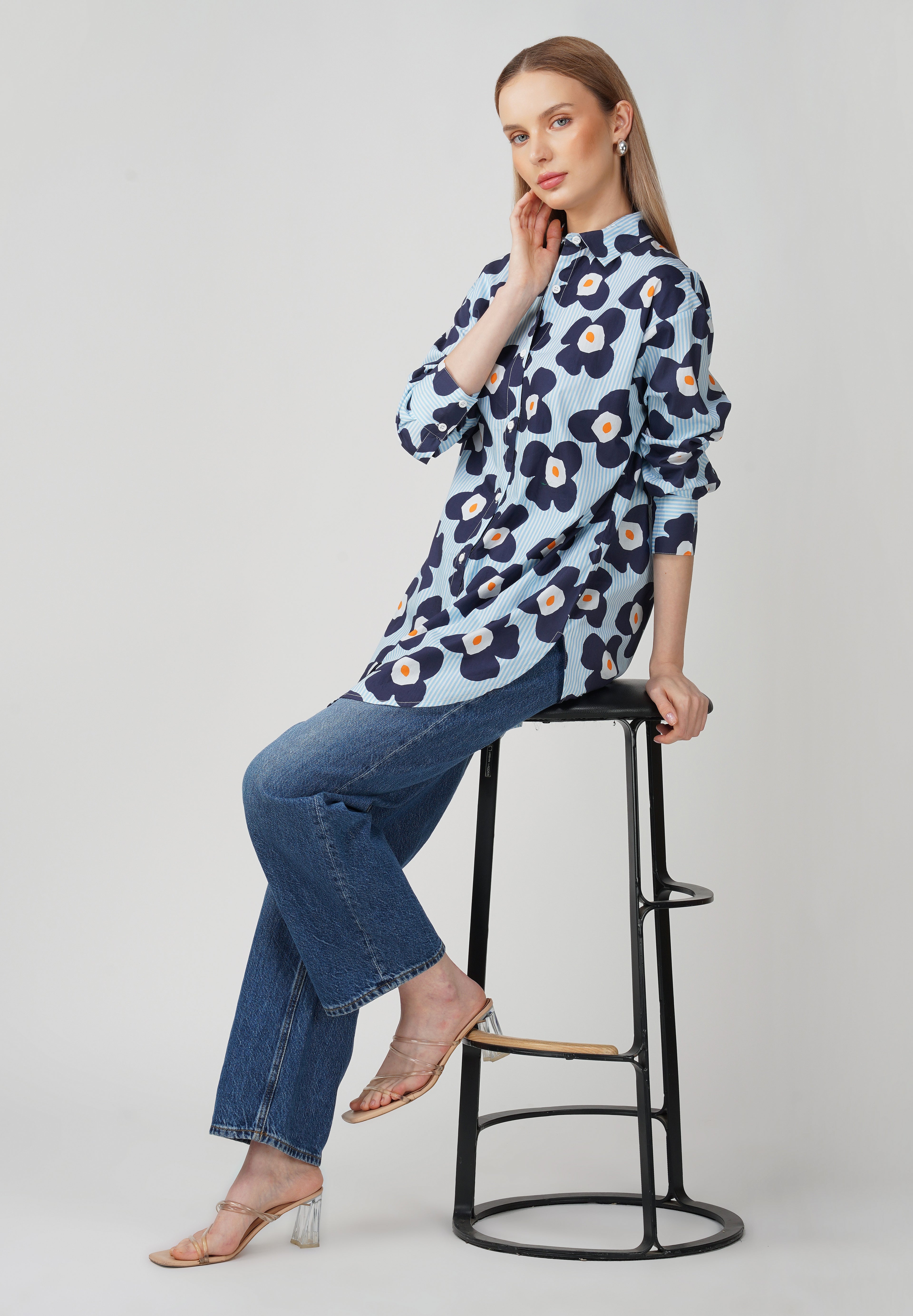 Midnight Bloom Longline Cotton Shirt - thebriefsstory