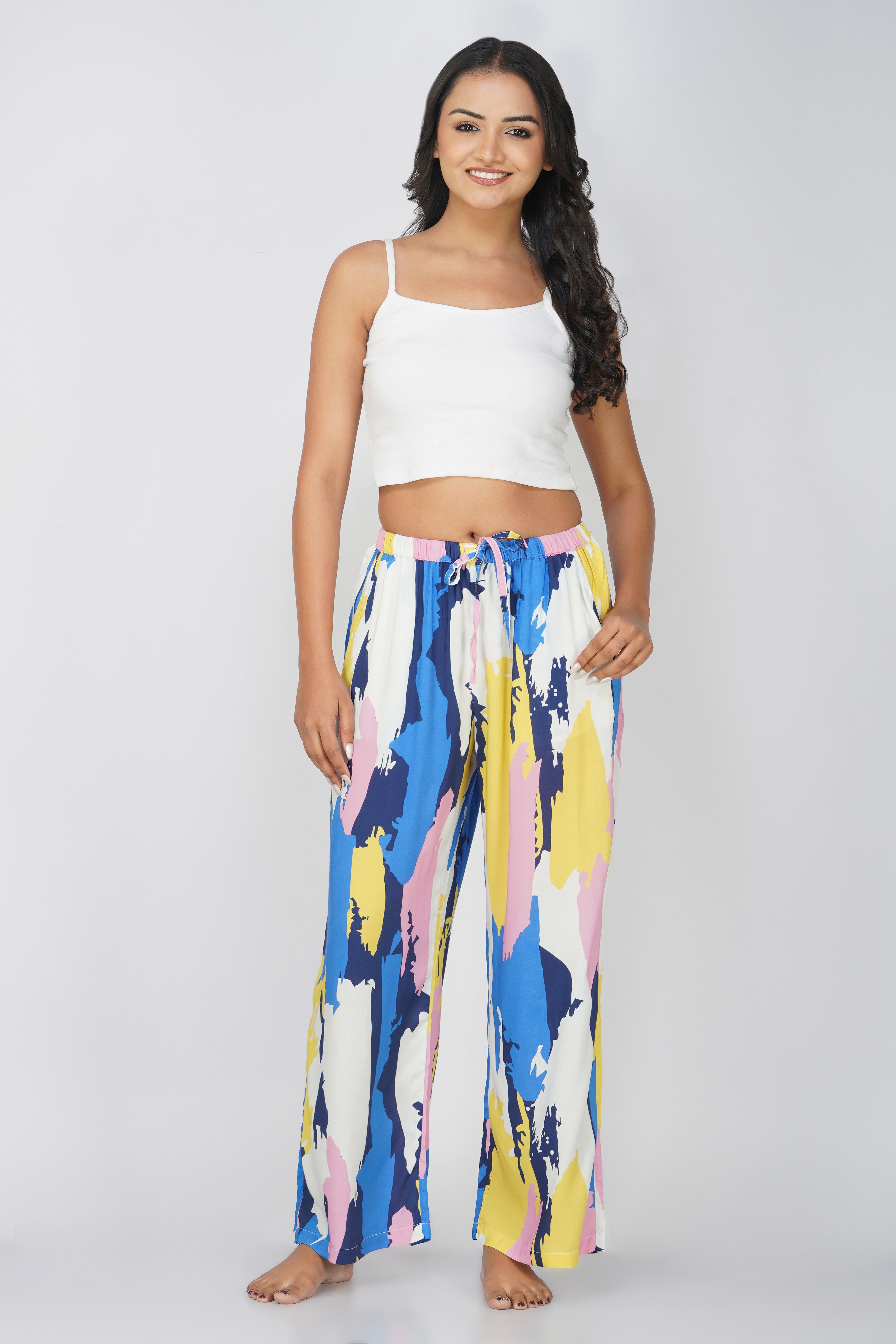 Blue/ Yellow Abstract Print Viscose Pajamas - thebriefsstory