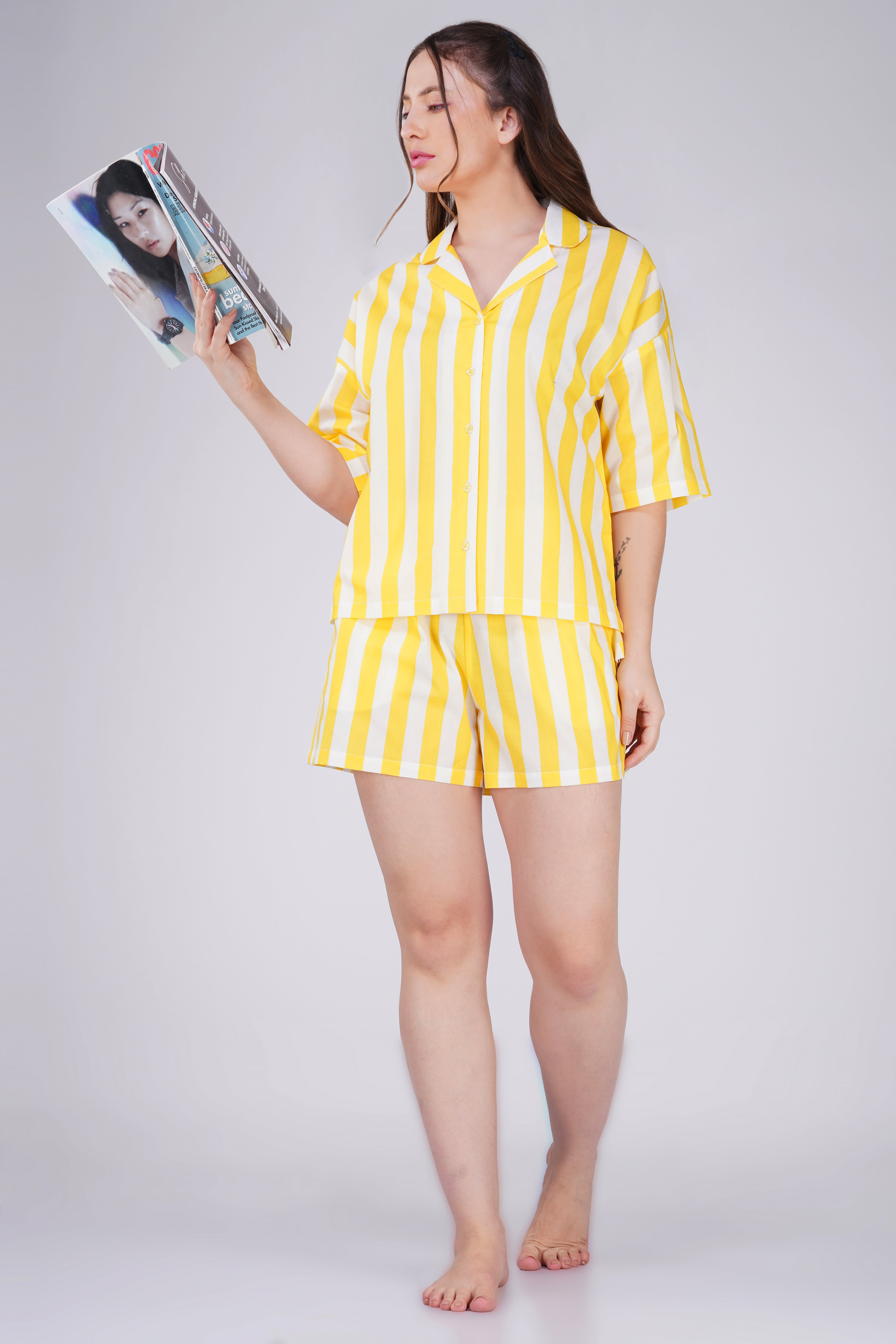 Yellow Sunshine Stripes Shorts Set - thebriefsstory