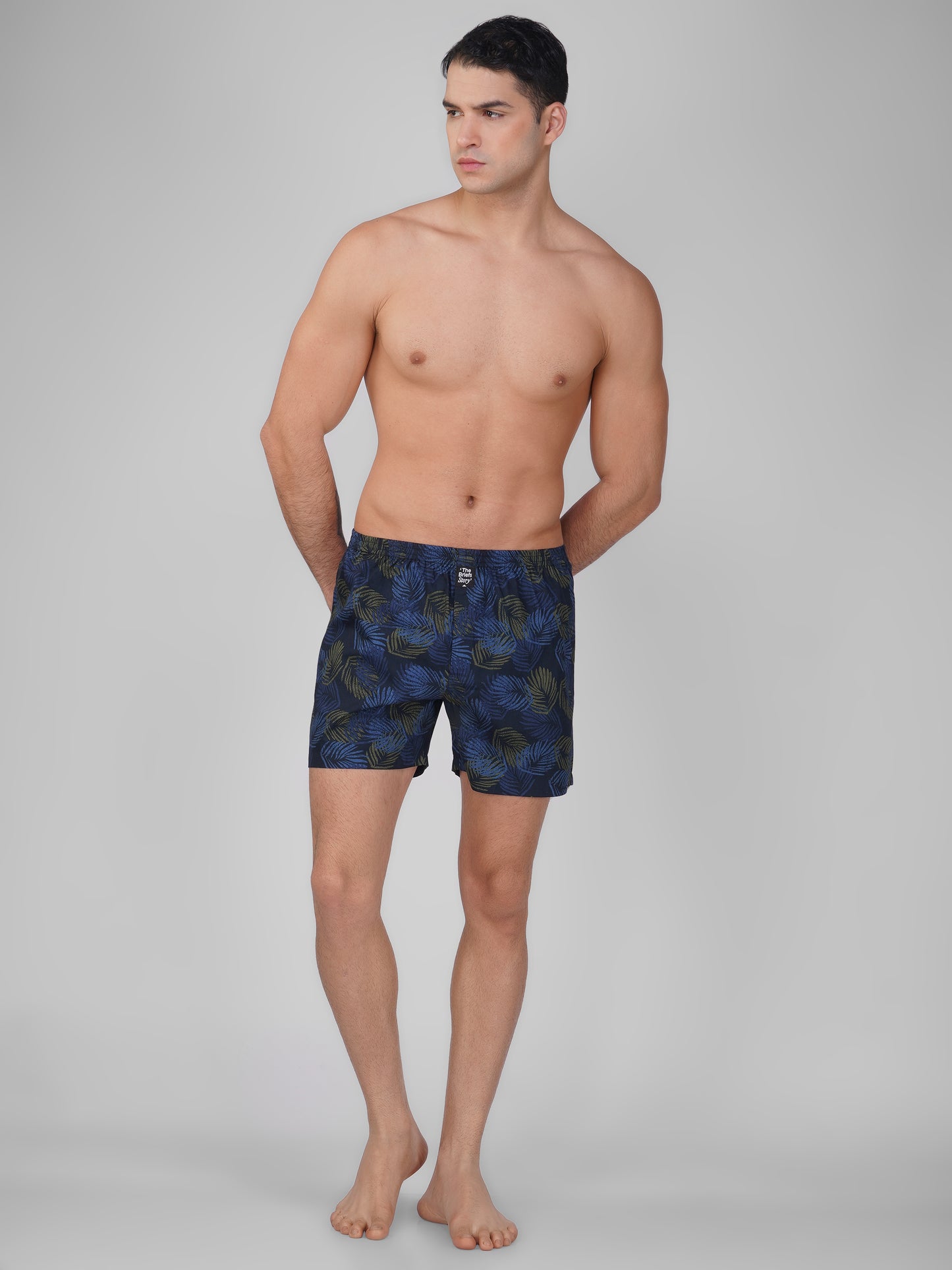 Navy Palm Print Cotton Boxer Shorts