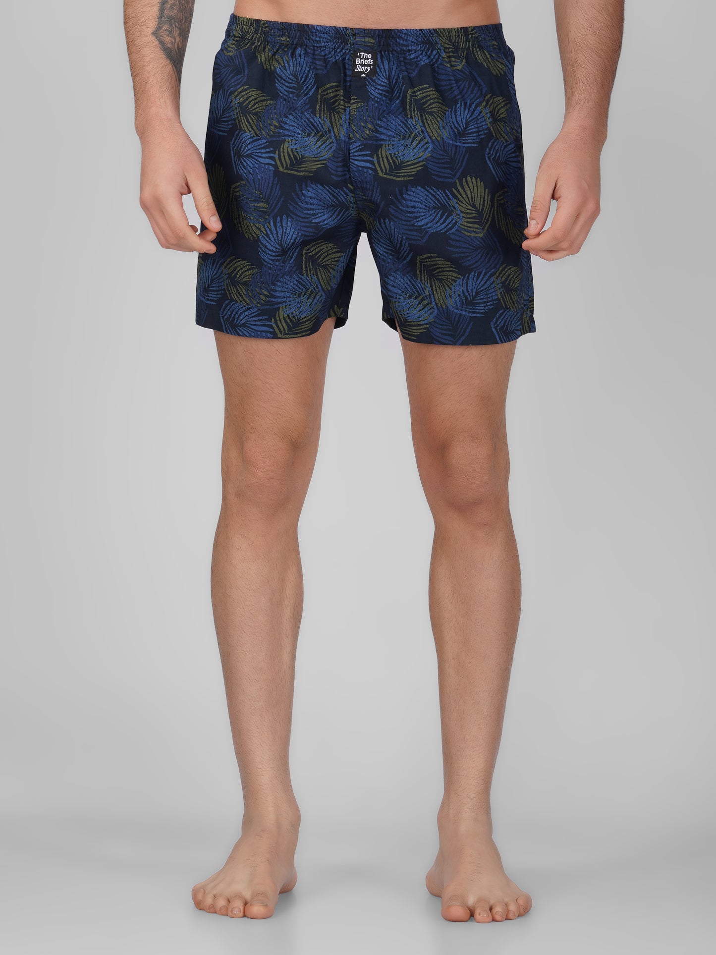 Navy Palm Print Cotton Boxer Shorts