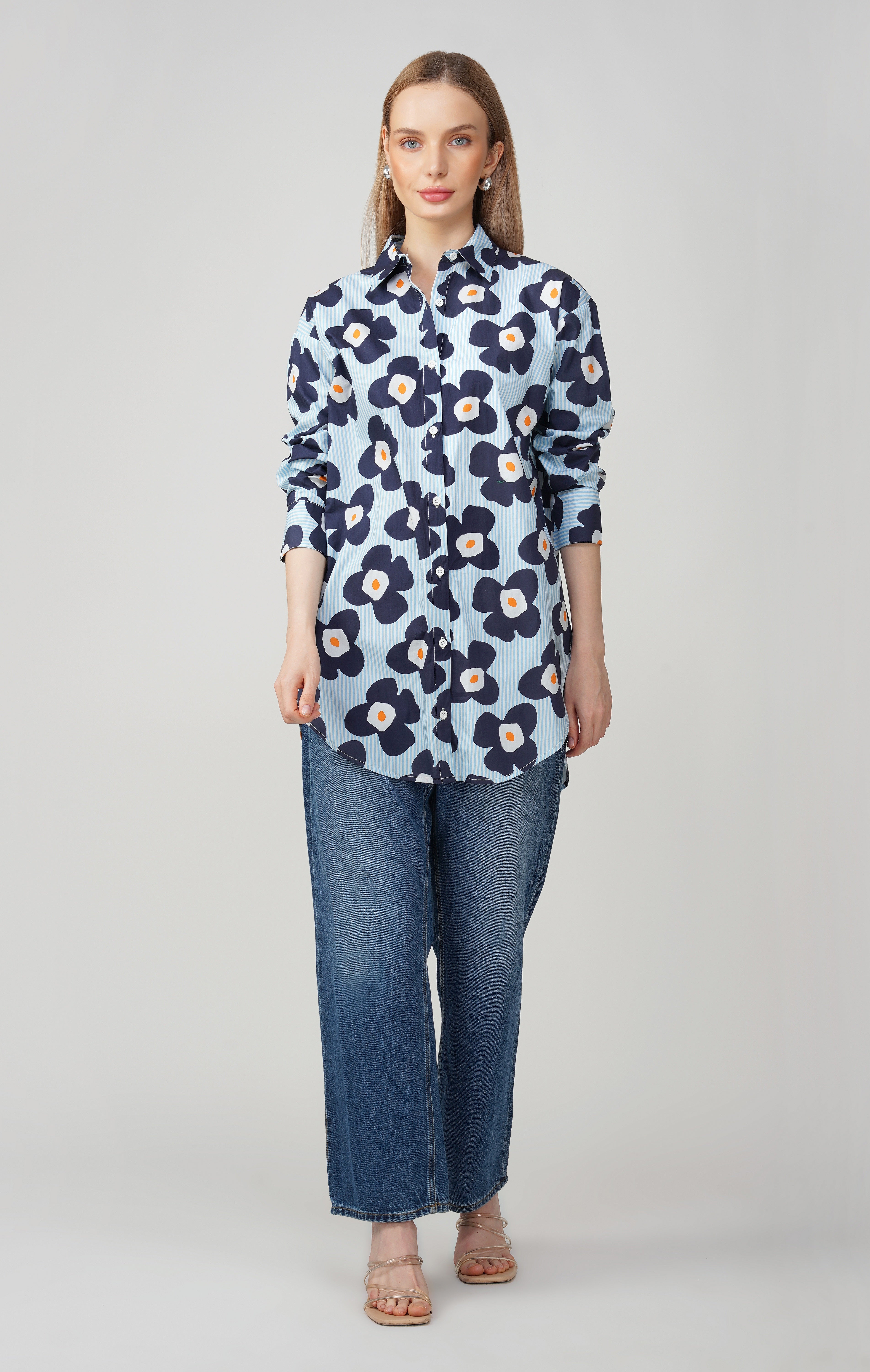 Midnight Bloom Longline Cotton Shirt - thebriefsstory