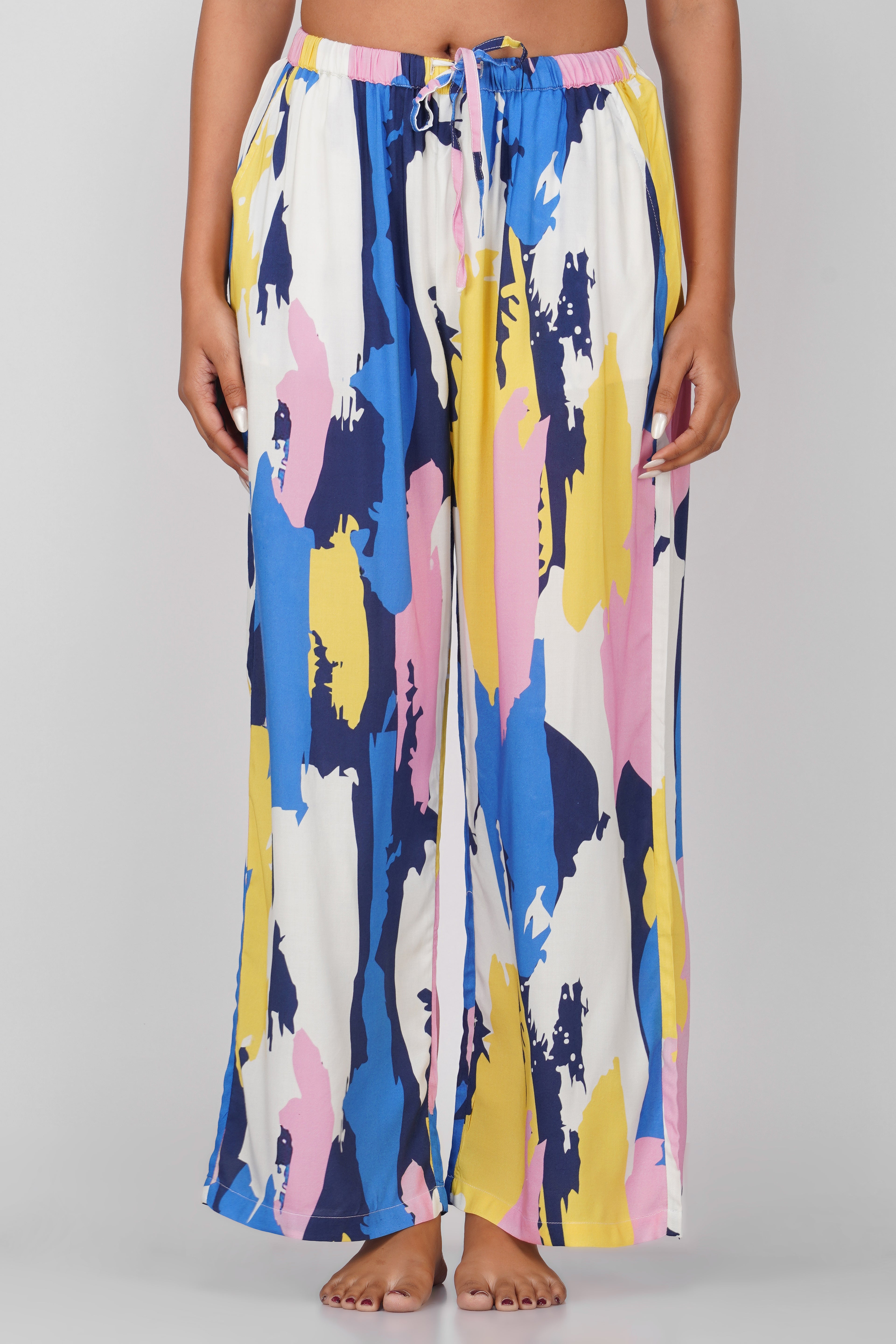 Blue/ Yellow Abstract Print Viscose Pajamas - thebriefsstory