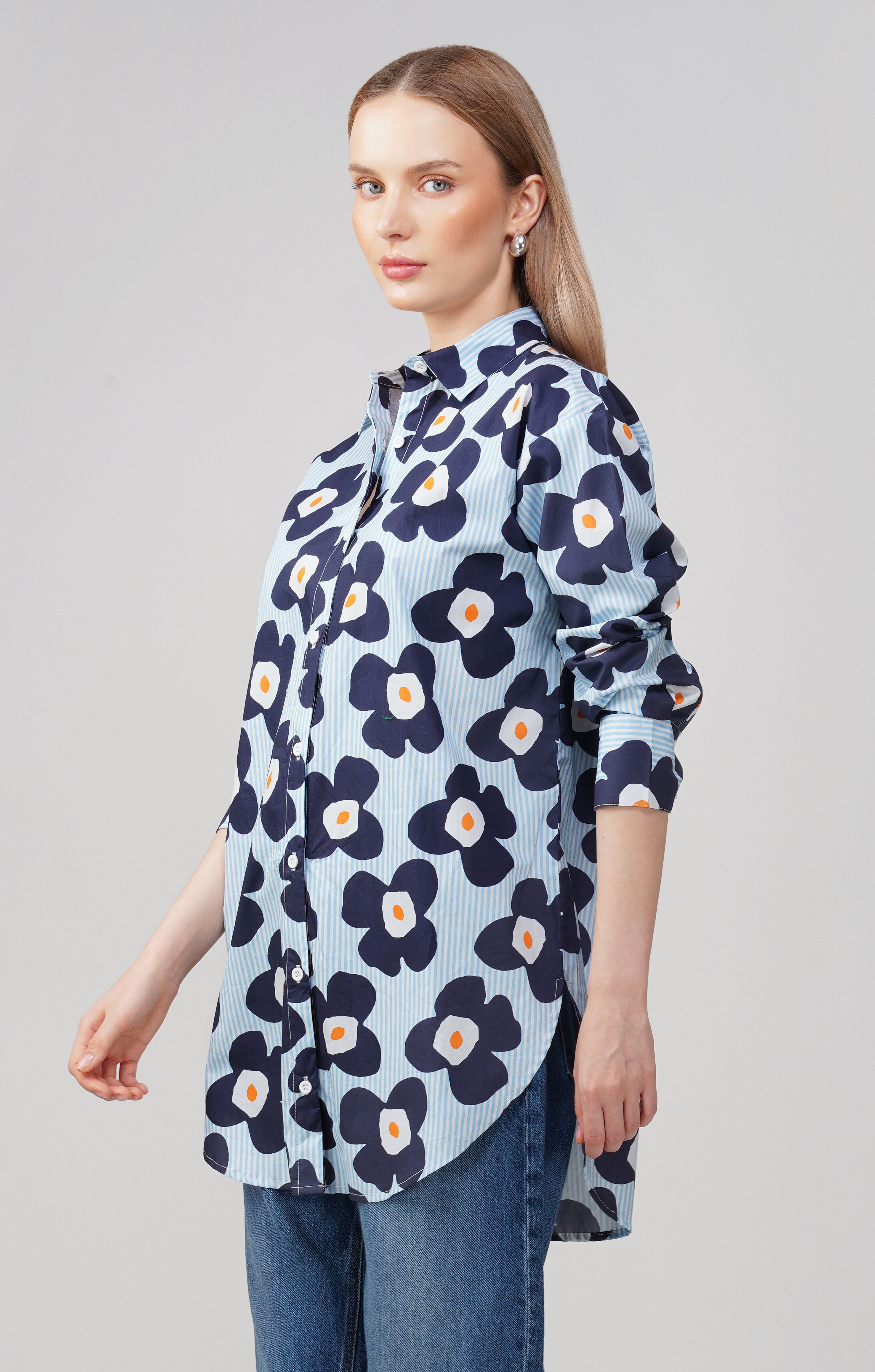 Midnight Bloom Longline Cotton Shirt - thebriefsstory