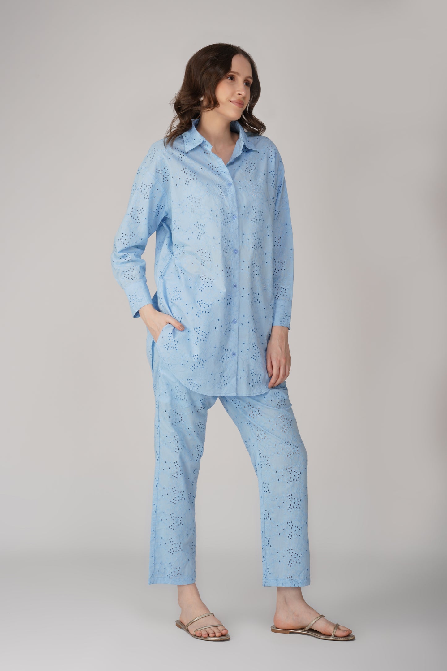 Sky Blue Schiffli Embroidered Corrd Set