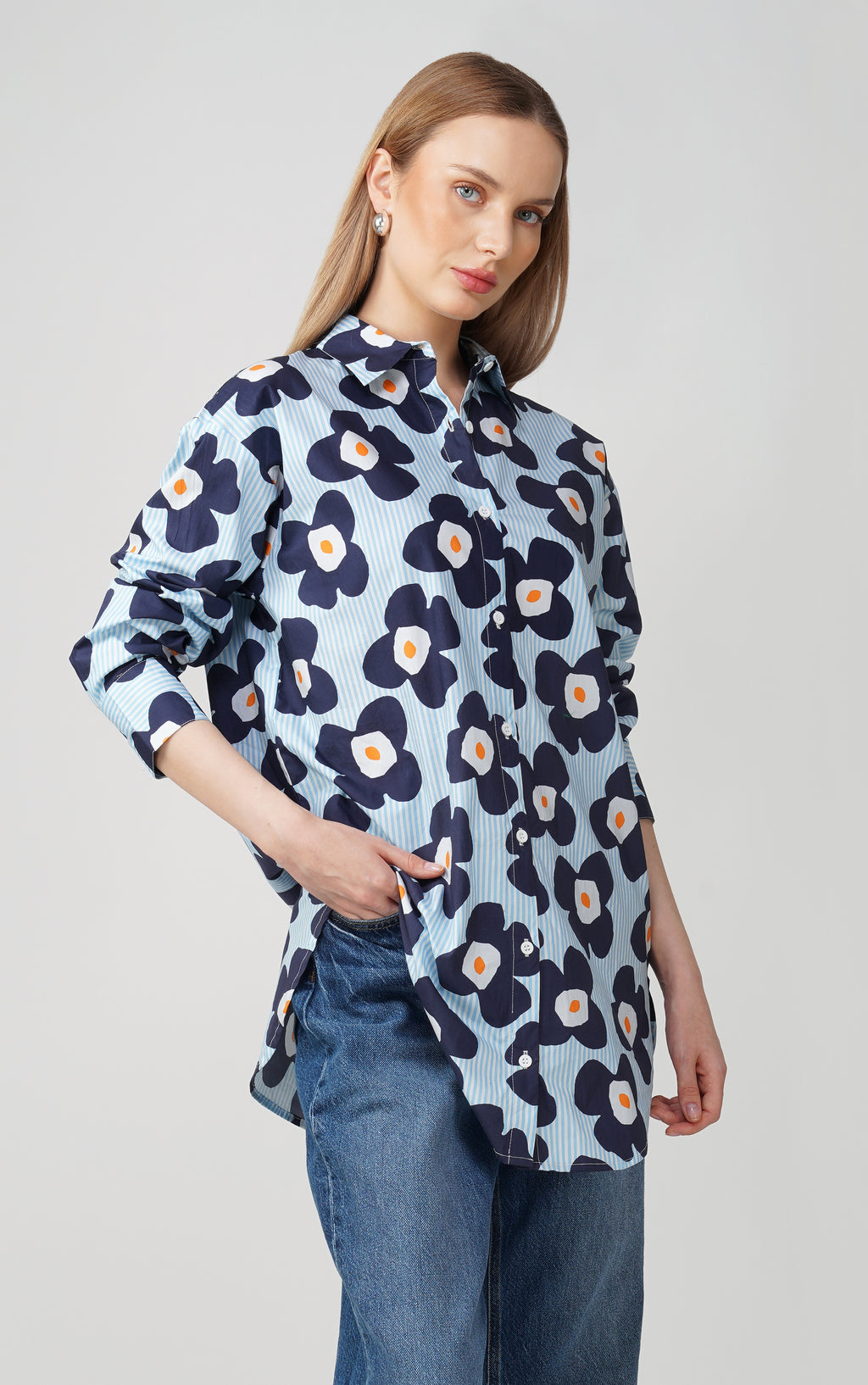 Midnight Bloom Longline Cotton Shirt - thebriefsstory
