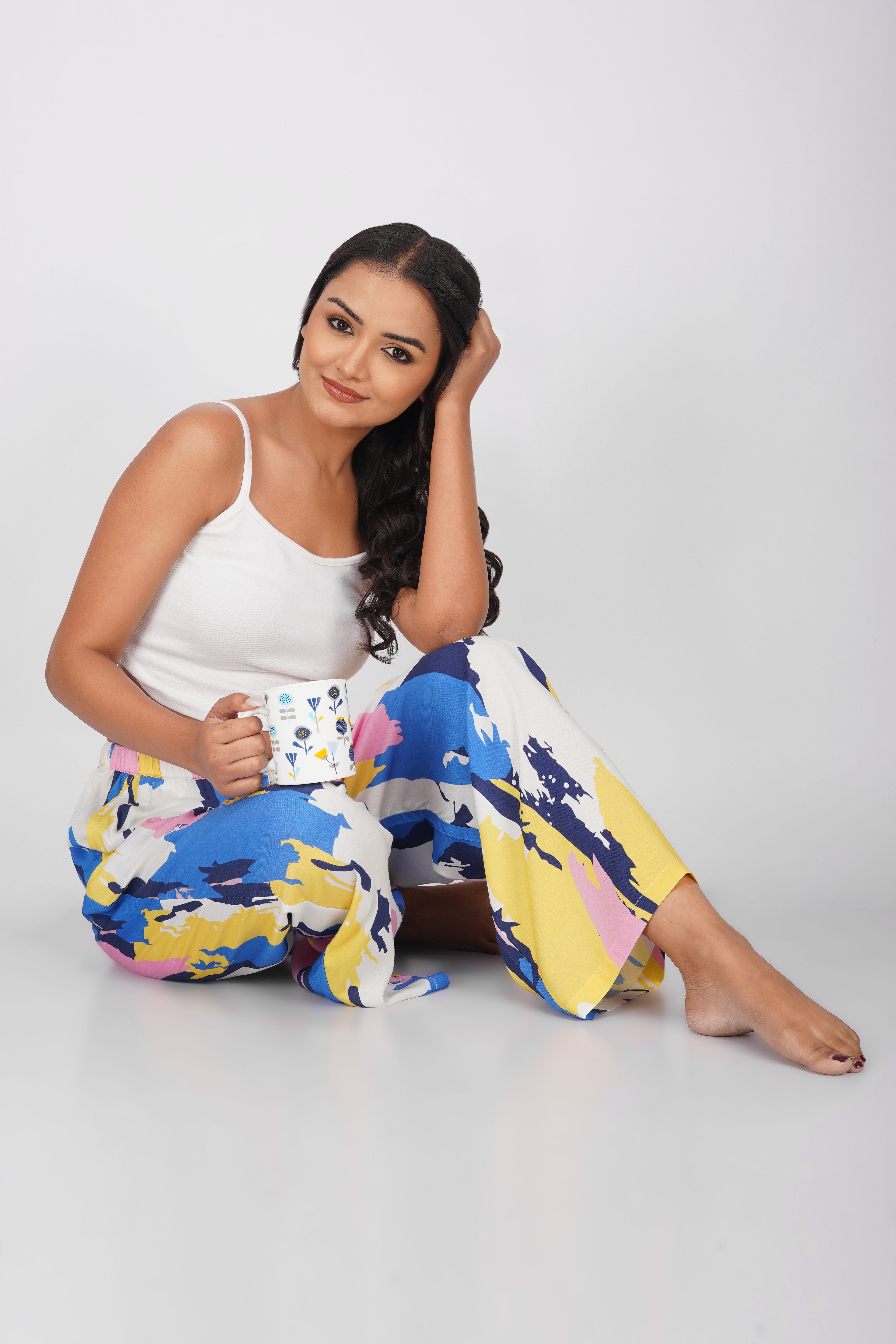 Blue/ Yellow Abstract Print Viscose Pajamas - thebriefsstory