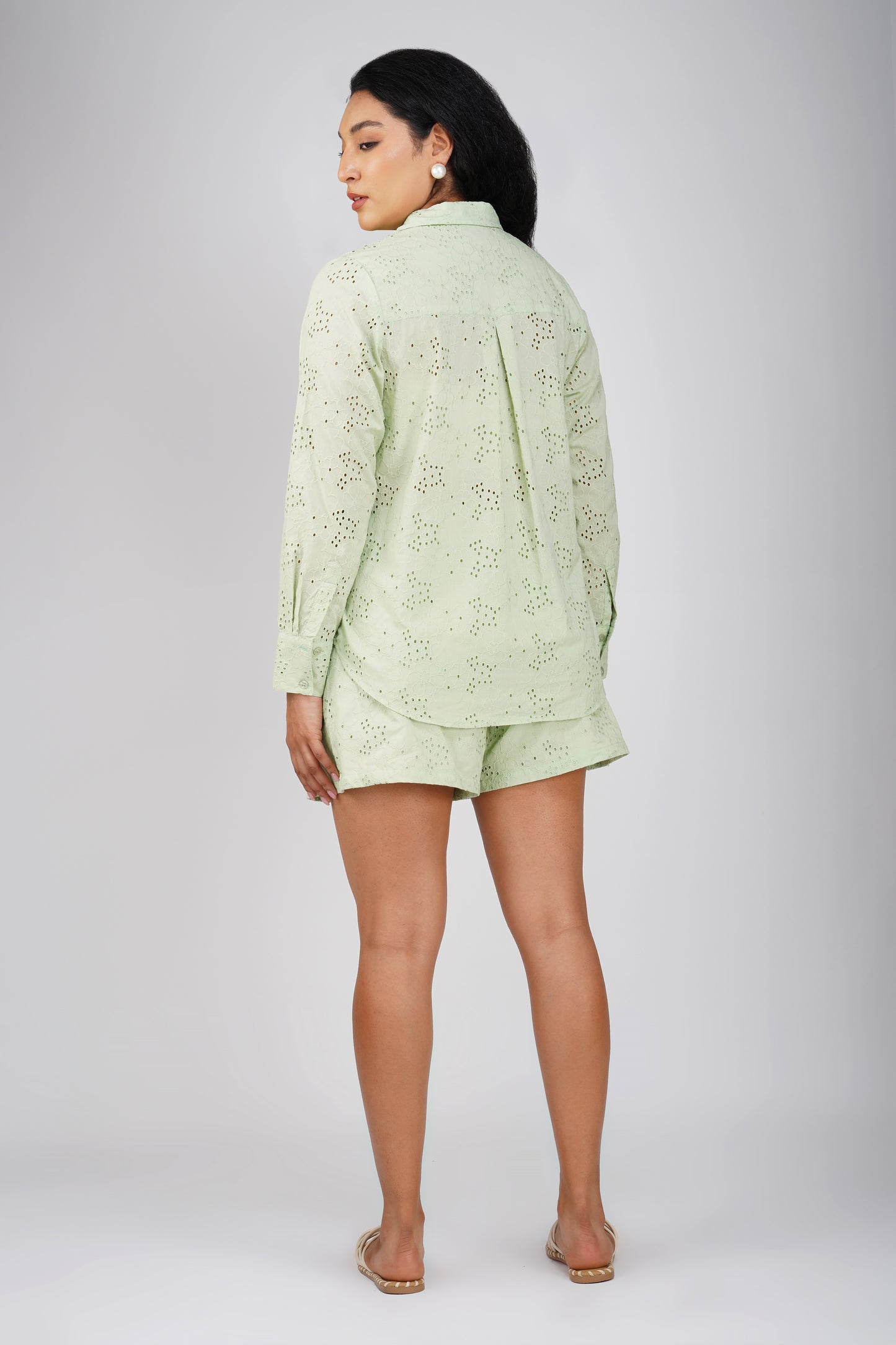 Lt Green Schiffli Embroidered Shorts Set