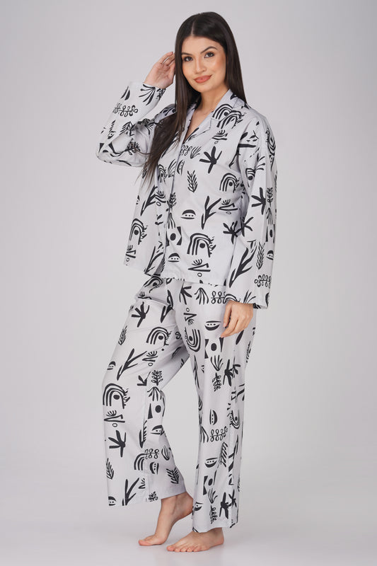 Abstract Grey Print Cotton Nightsuit