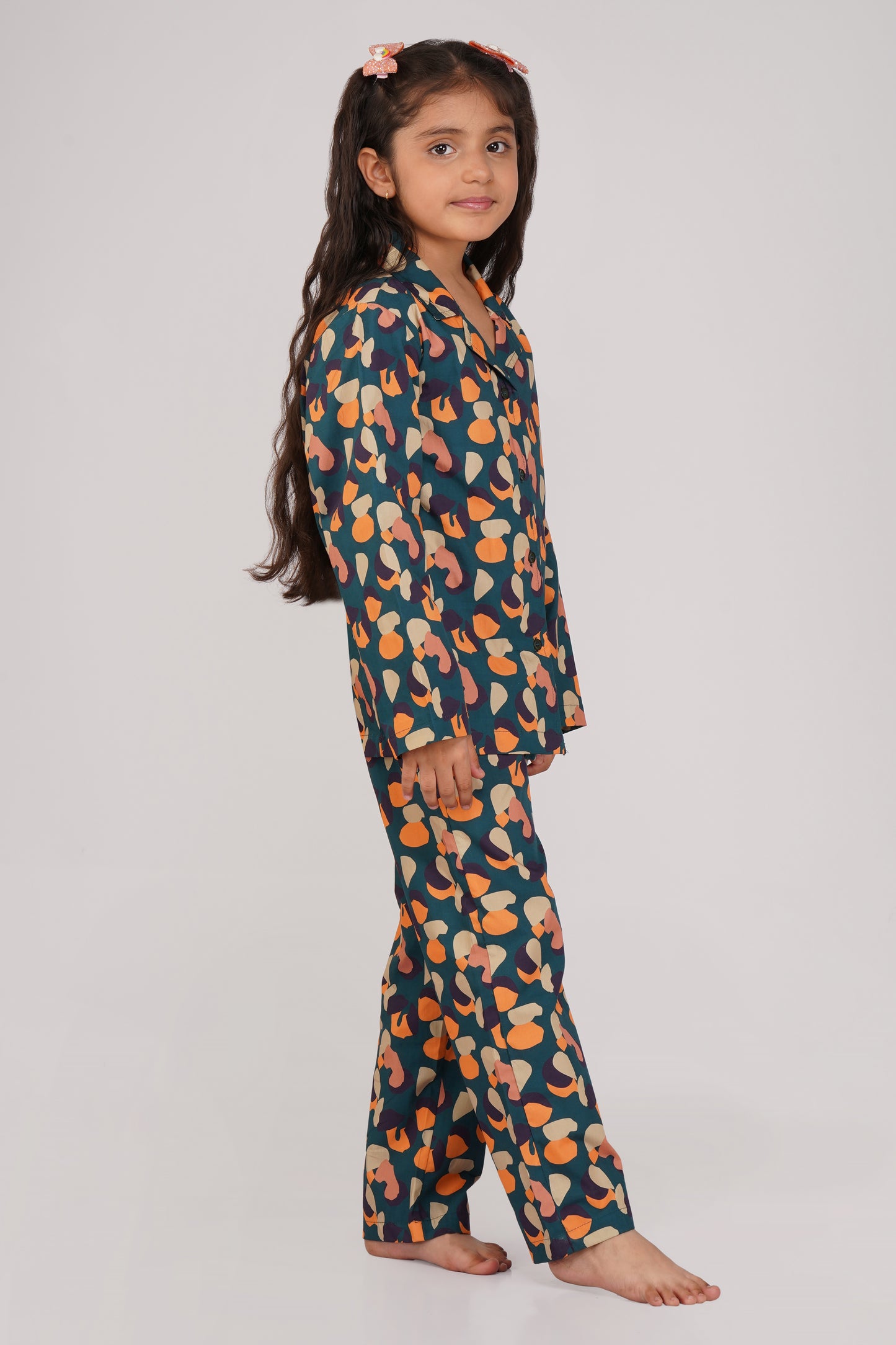 Green Leo Print Cotton Nightsuit girls