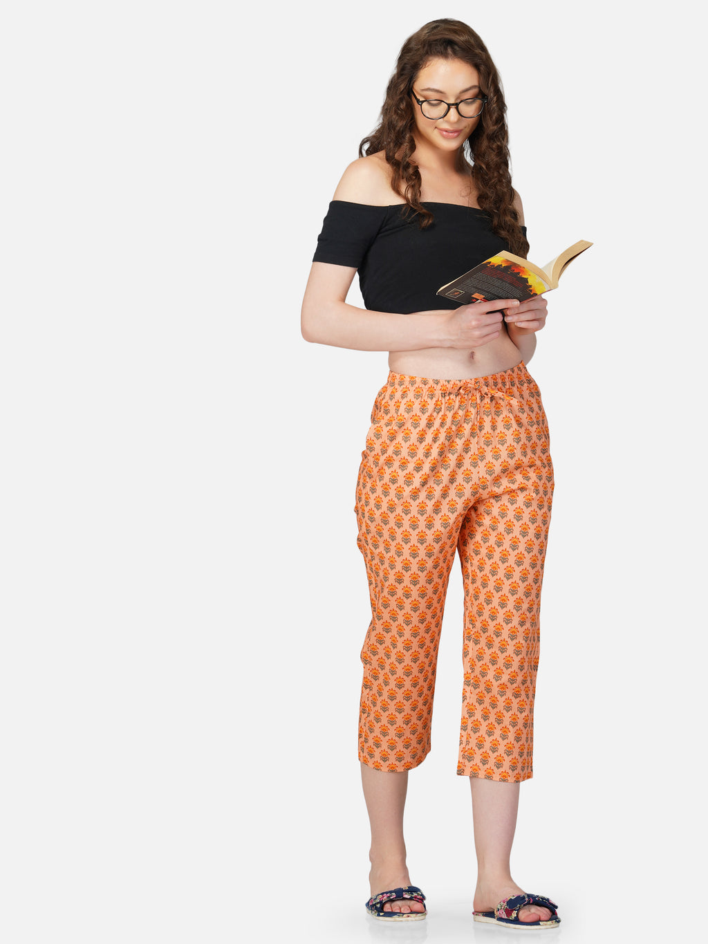 Orange floral motif printed capris - thebriefsstory