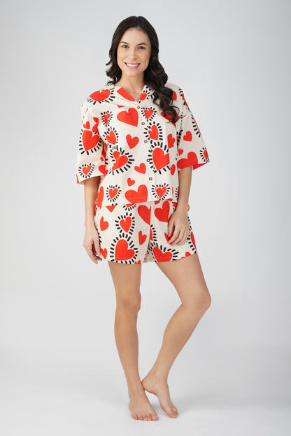 Red Quirky Hearts Shorts Set