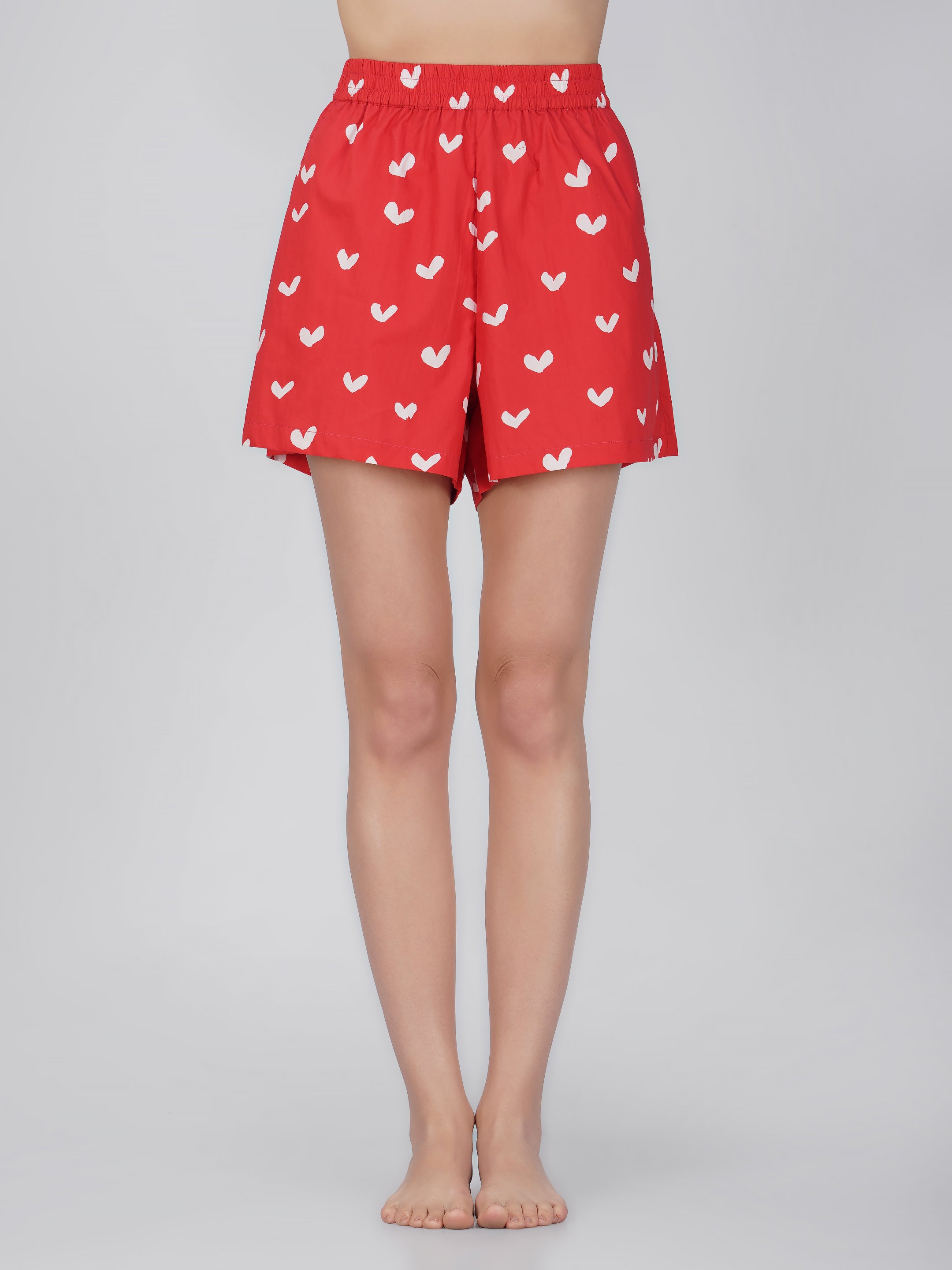Red Sweet Heart Print Cotton Shorts - thebriefsstory
