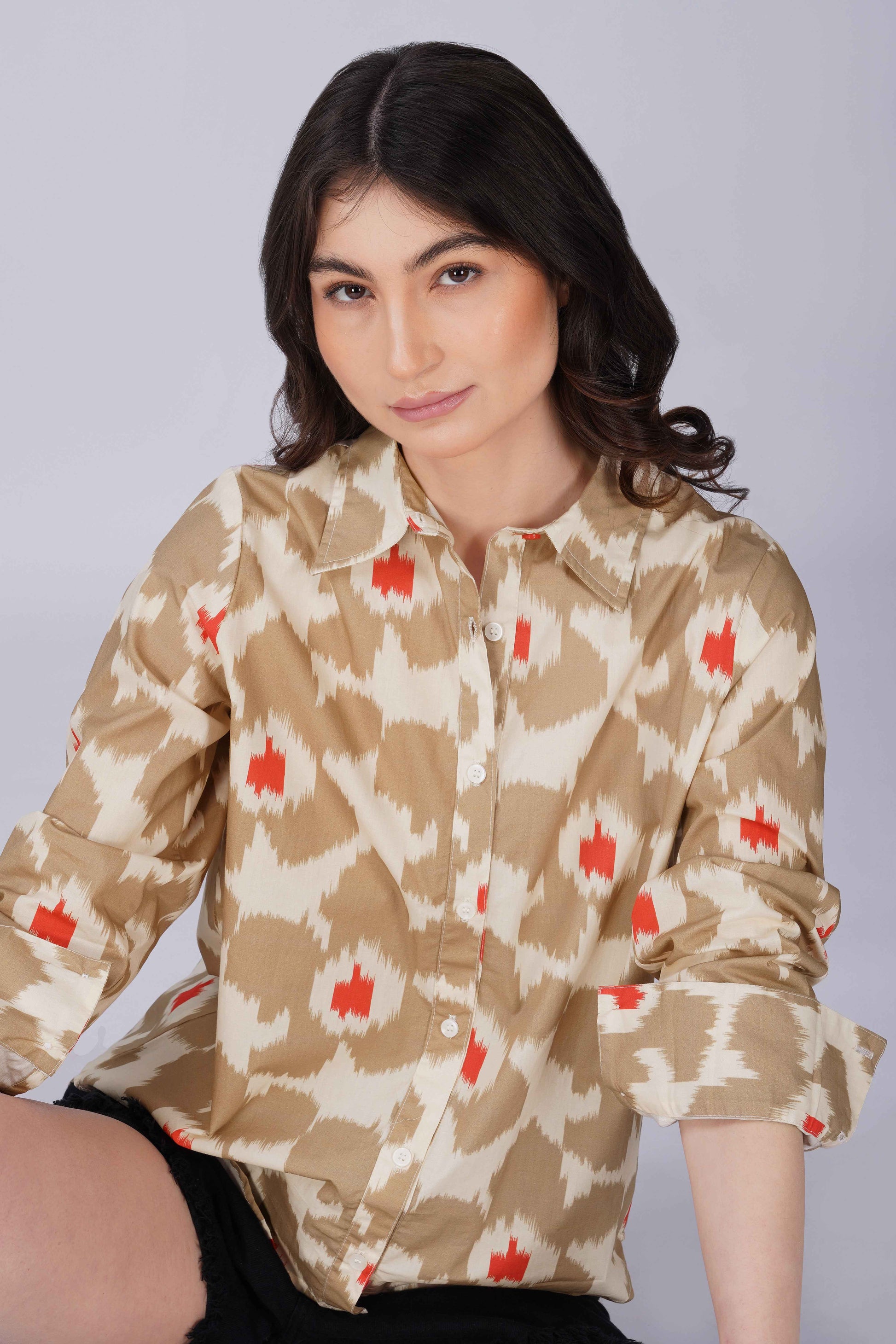 Beige Ikat Print Cotton Shirt