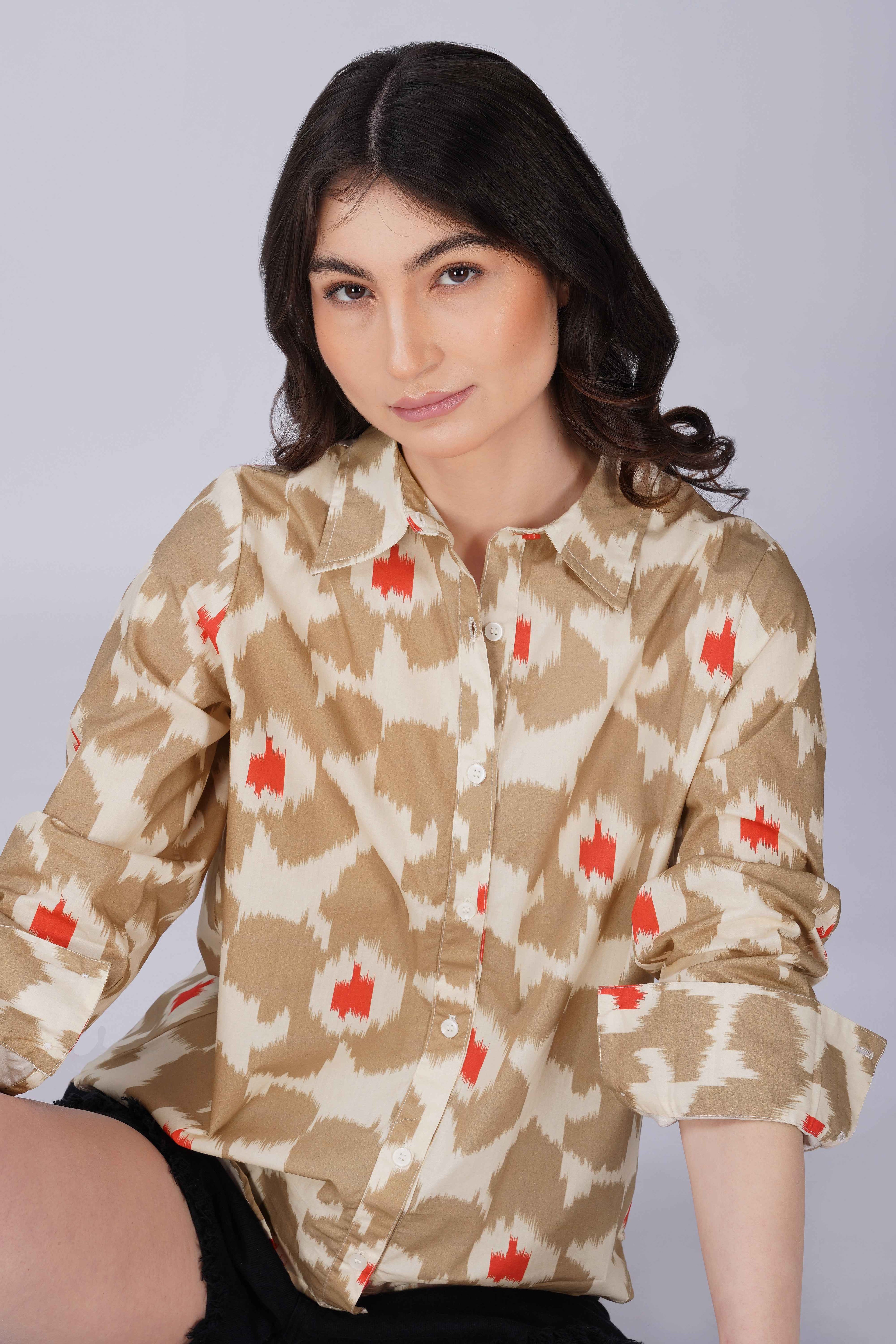 Beige Ikat Print Cotton Shirt