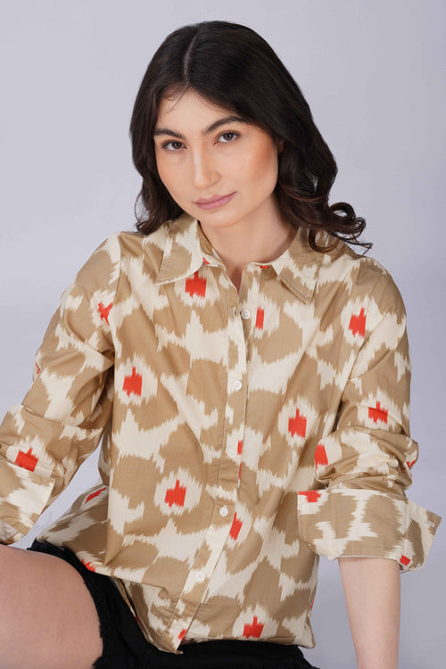 Beige Ikat Print Cotton Shirt