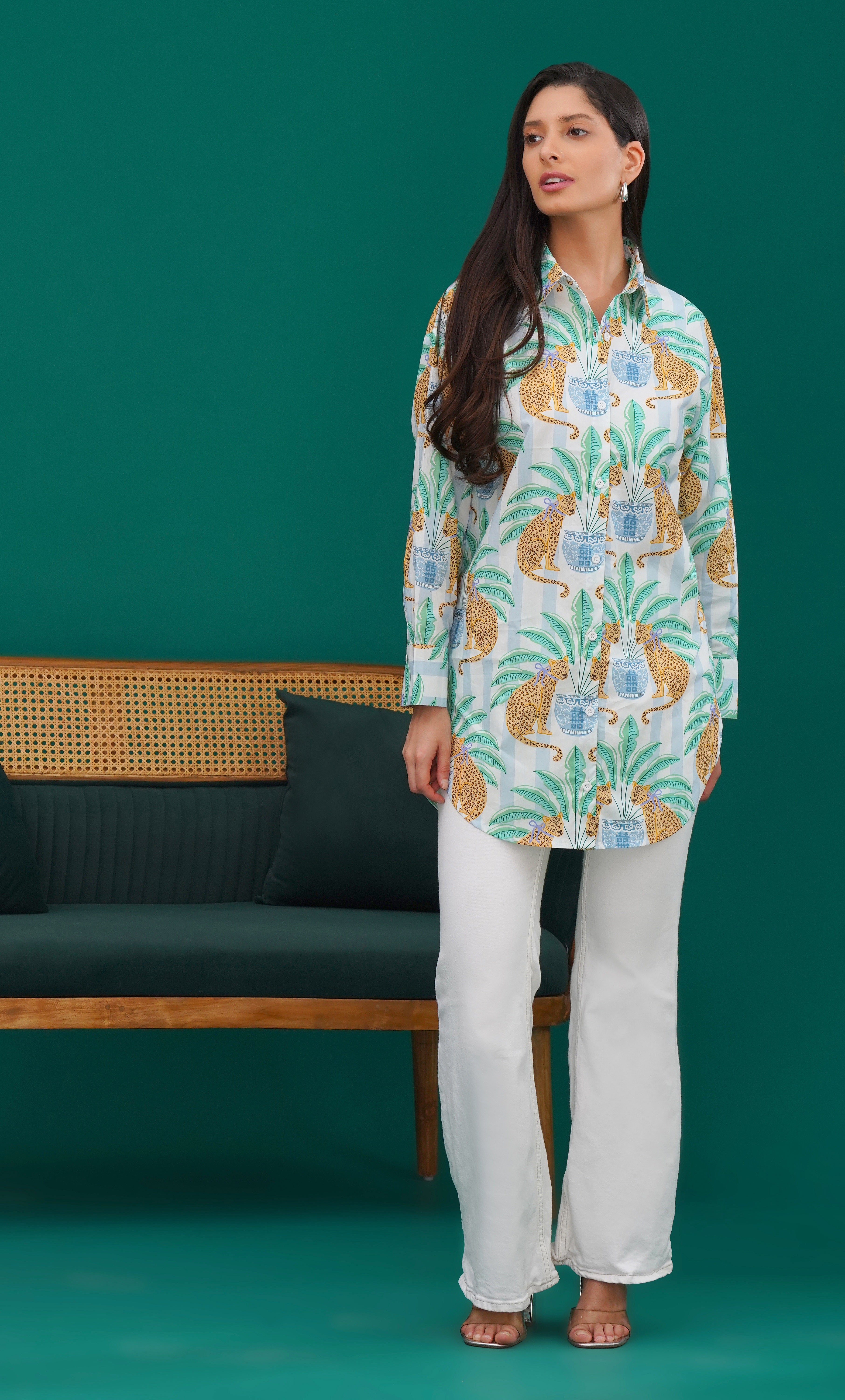 Palm Panther Longline Cotton Shirt - thebriefsstory