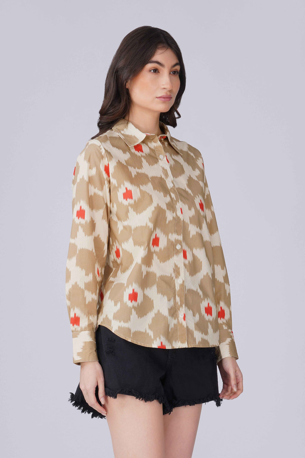Beige Ikat Print Cotton Shirt