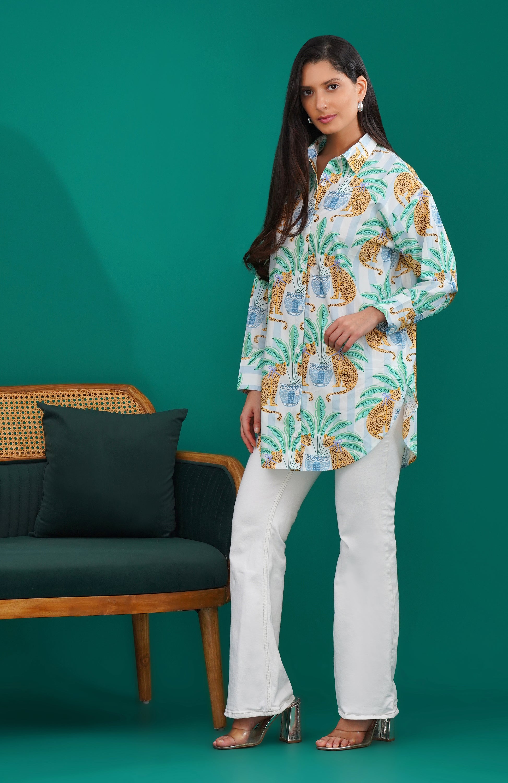 Palm Panther Longline Cotton Shirt - thebriefsstory