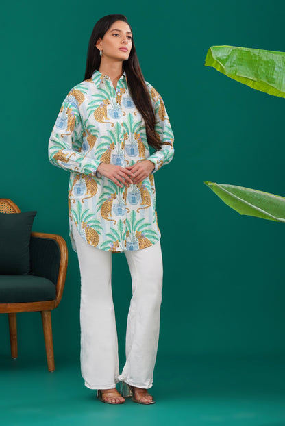 Palm Panther Longline Cotton Shirt - thebriefsstory