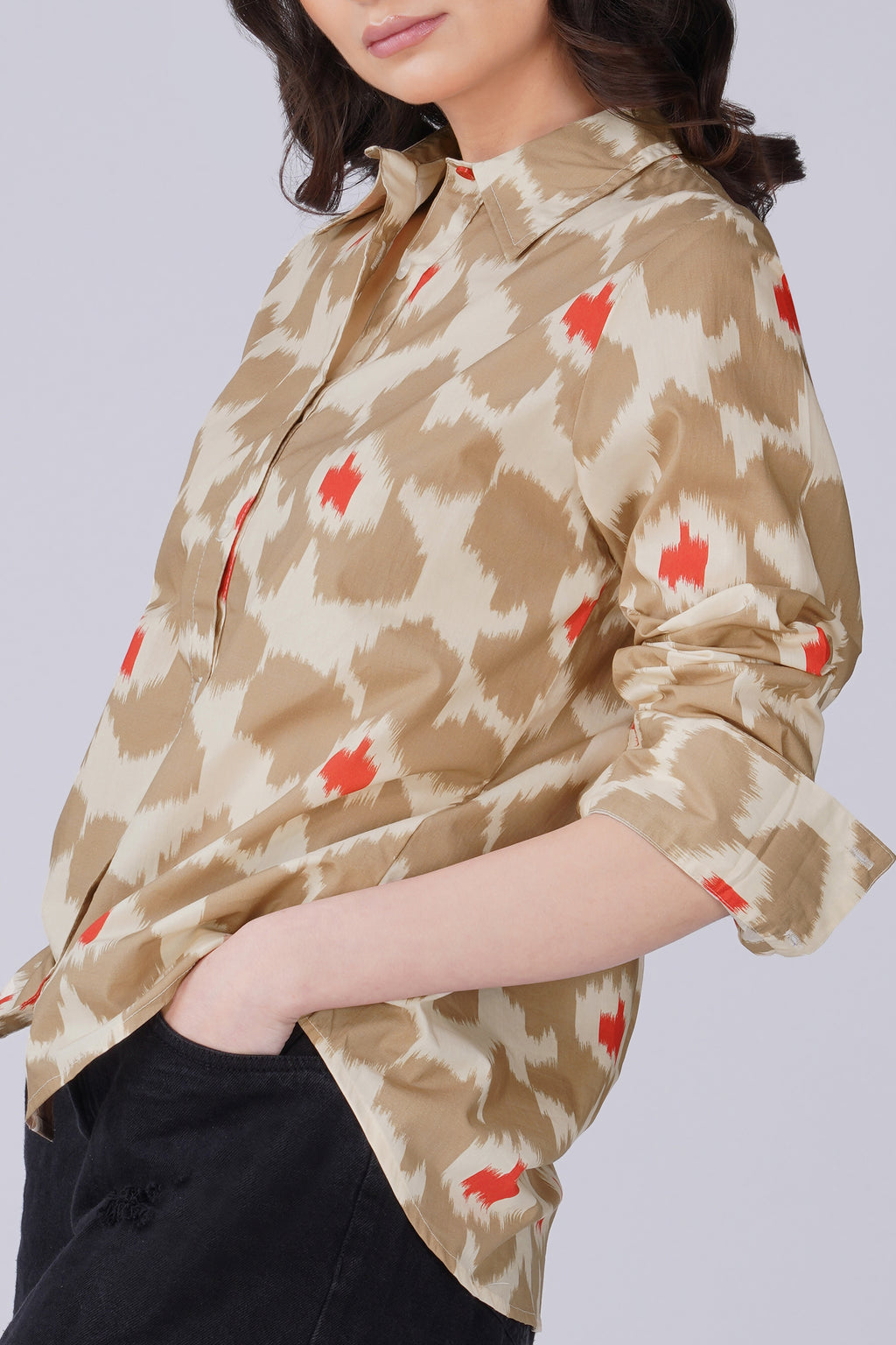 Beige Ikat Print Cotton Shirt