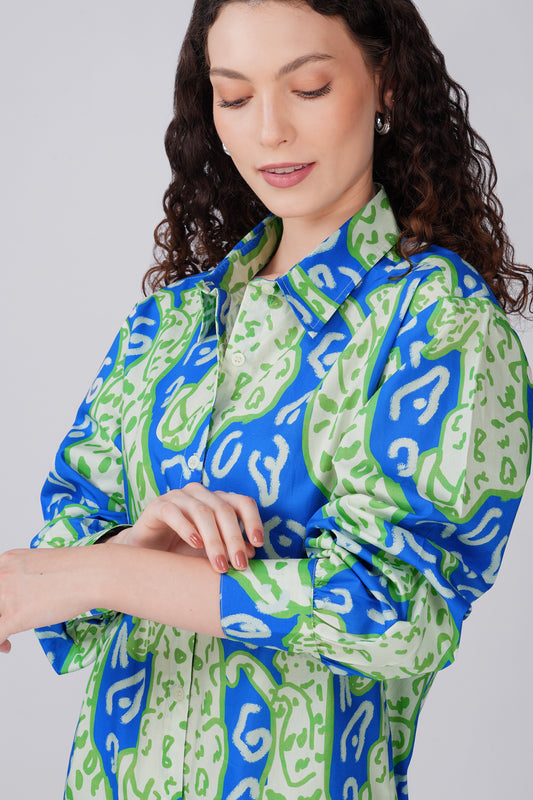 Green Blue Leopard Print Shirt Dress